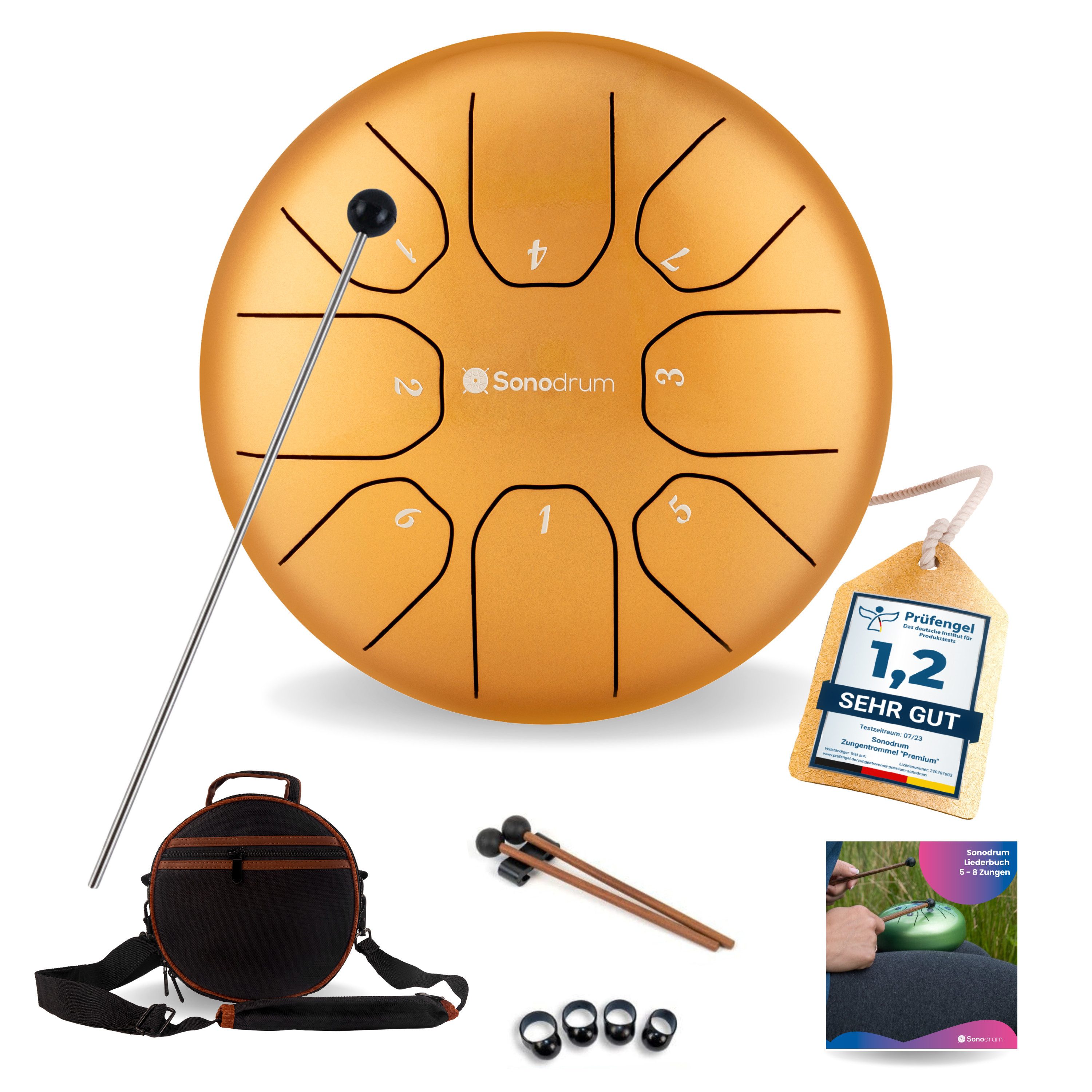 Sonodrum Steel Tongue Drum "Standard", C-Dur, 20 cm, 8 Zungen inkl. Liederbuch und Tragetasche