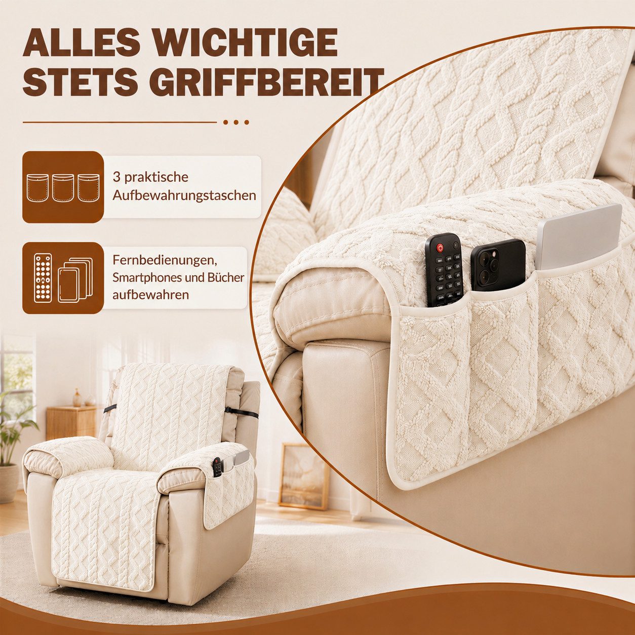 LEMLIT Sesselschoner für Relaxsessel Sesselüberwurf mit Armlehne Sesselauflage Anti-Rutsch, Sessel-Schutzbezug kratzfest,für Sofa & Fernsehsessel mit Kindern/Hu – Bild 3 von 5