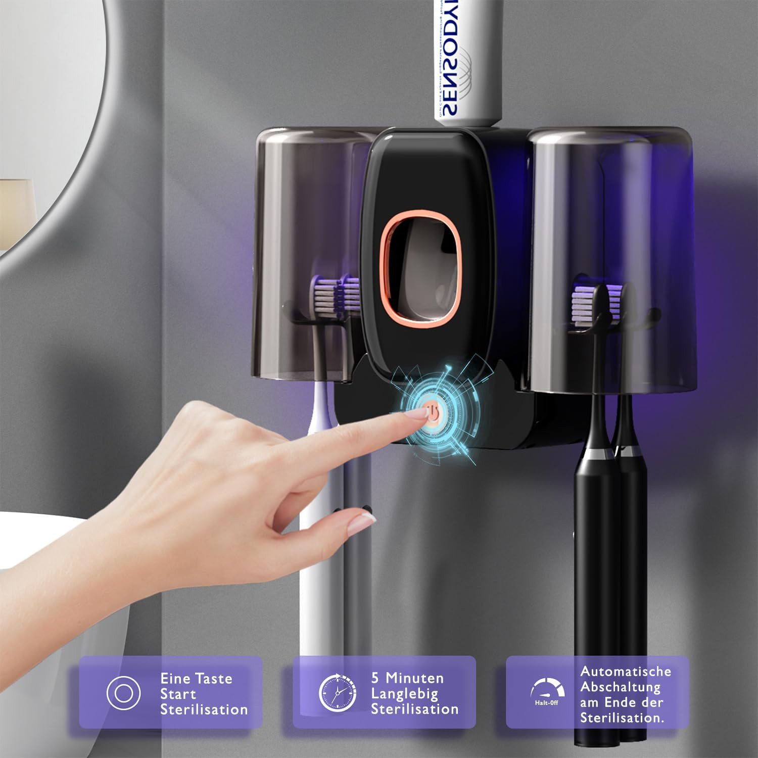 MOPUEA Zahnbürstenhalter Zahnbürstenhalter UV Desinfektions Zahnbürsten Halter mit 4 Schlitze, (Automatischer Zahnpastaspender, mit 2 herausnehmbarer Becher, 1- – Bild 2 von 5