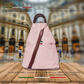 FLORENCE Schultertasche Florence Damen Rucksack Schultertasche (Cityrucksack), Damen Leder Cityrucksack, Schultertasche, rosa, braun ca. 26cm