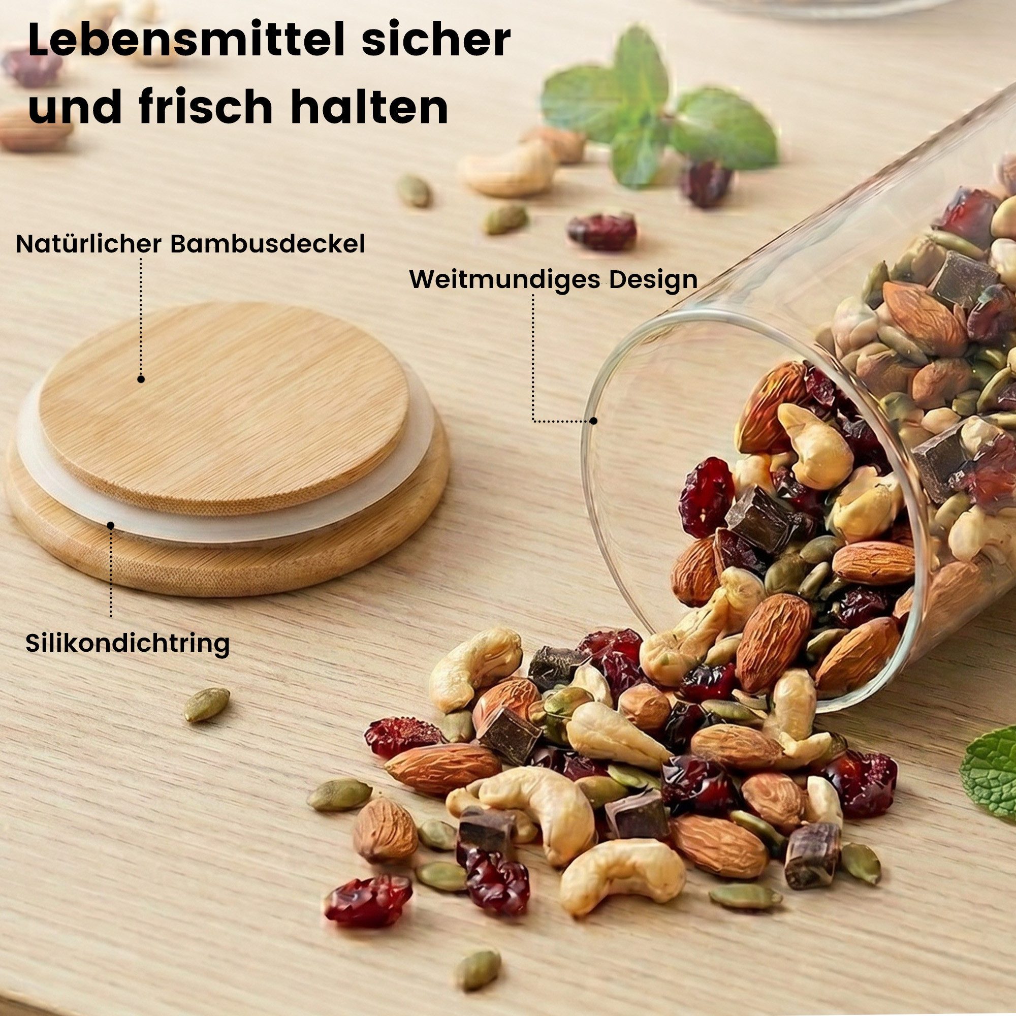 DAITORE Vorratsglas 4-Tlg 1200 ML Vorratsgläser mit Deckel Luftdicht, (4-tlg), Glasbehälter Vorratsgläser Mit Holzdeckel, Aufbewahrungsgläser Küche – Bild 5 von 5