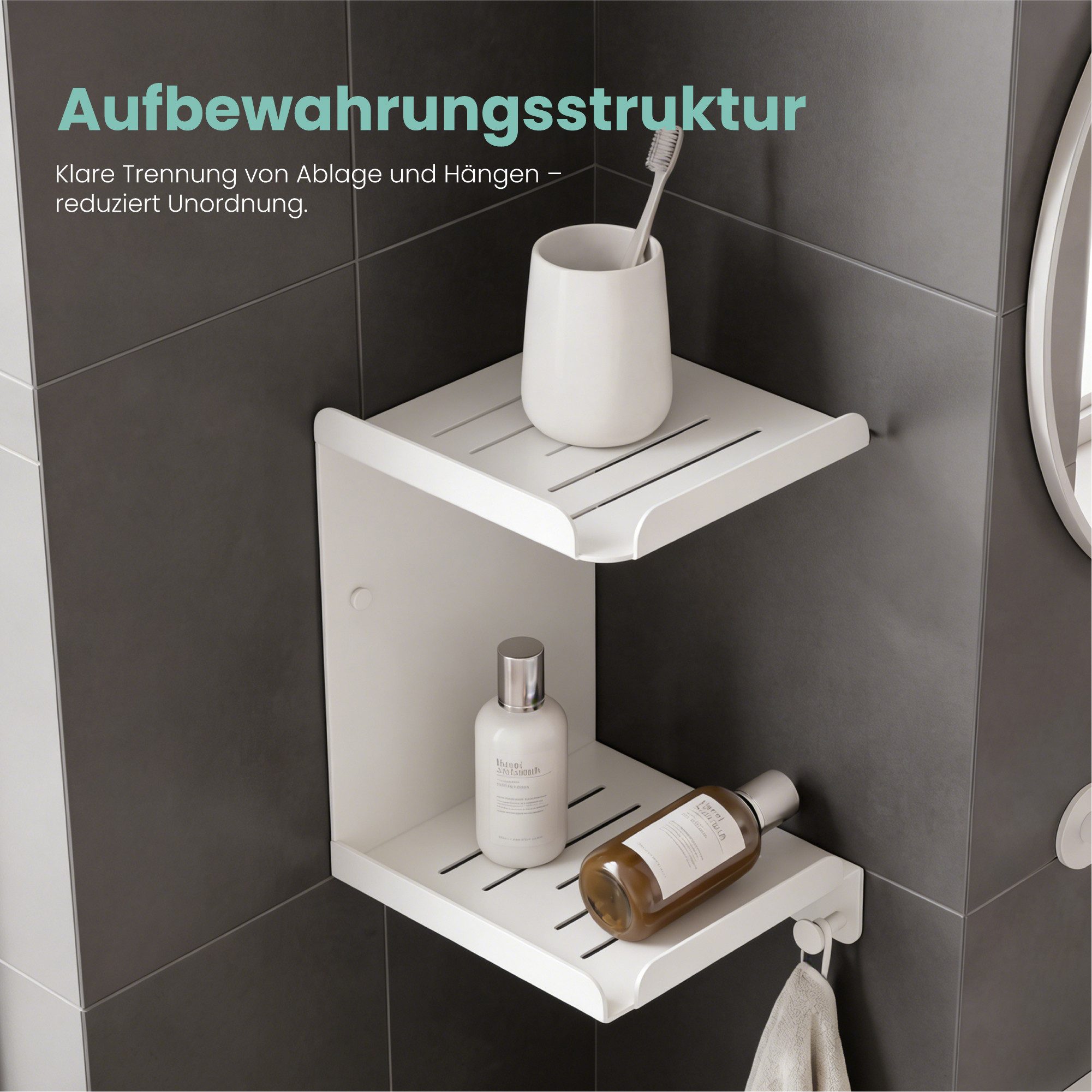 Mai & Mai Duschablage Duschregal 2-stöckig mit 3 Haken Wandmontage 22 x 22 x 33,1cm Reglo-14, Platzsparendes 2-stufiges Eckdesign,mit 3 integrierten Haken