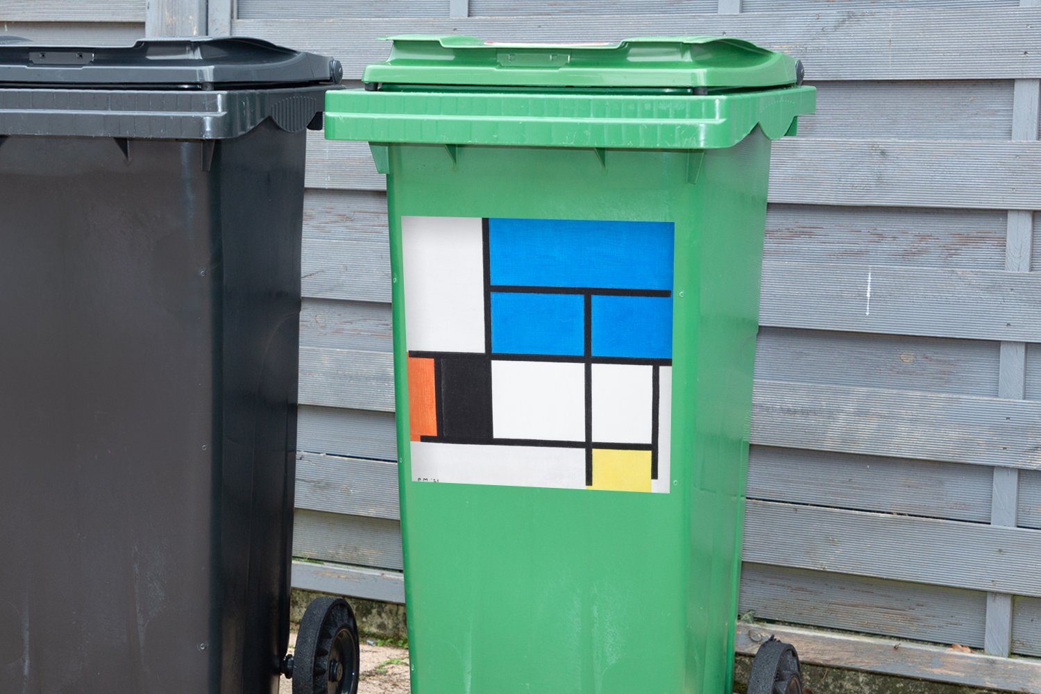 Container, St), MuchoWow Piet Abfalbehälter Wandsticker Komposition Sticker, mit - Mülleimer-aufkleber, Blau, (1 Rot, Grau Schwarz, und Gelb Mülltonne, Mondrian