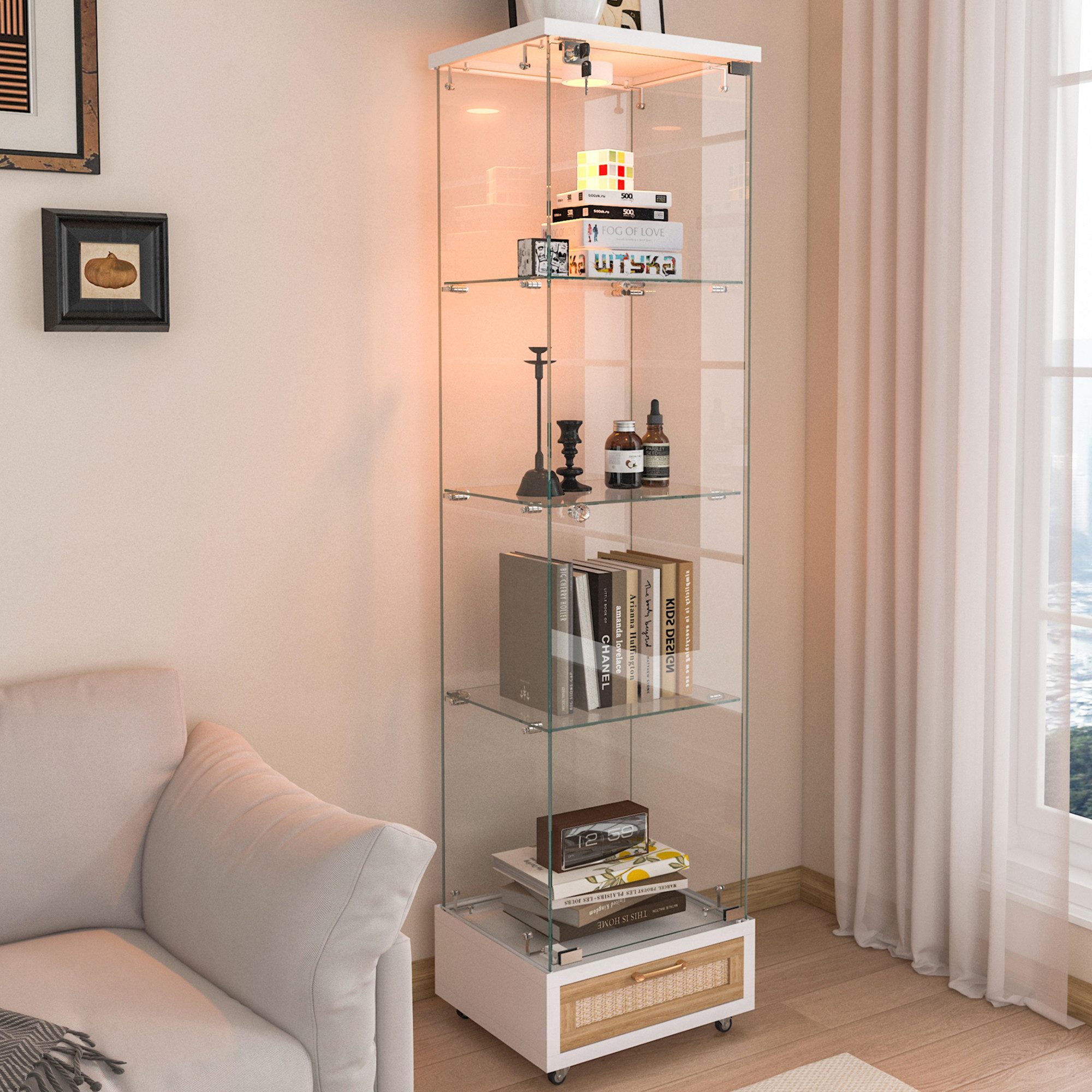 HAUSS SPOLE Vitrine mit LED&Schubladen,Highboard Bücherregal mit vier Einlegeböden,weiß (Glasvitrine aus gehärtetem Glas und MDF, Eintüriger Schrank mit vier Einlegeböden) für Küche, Esszimmer, Schlafzimmer