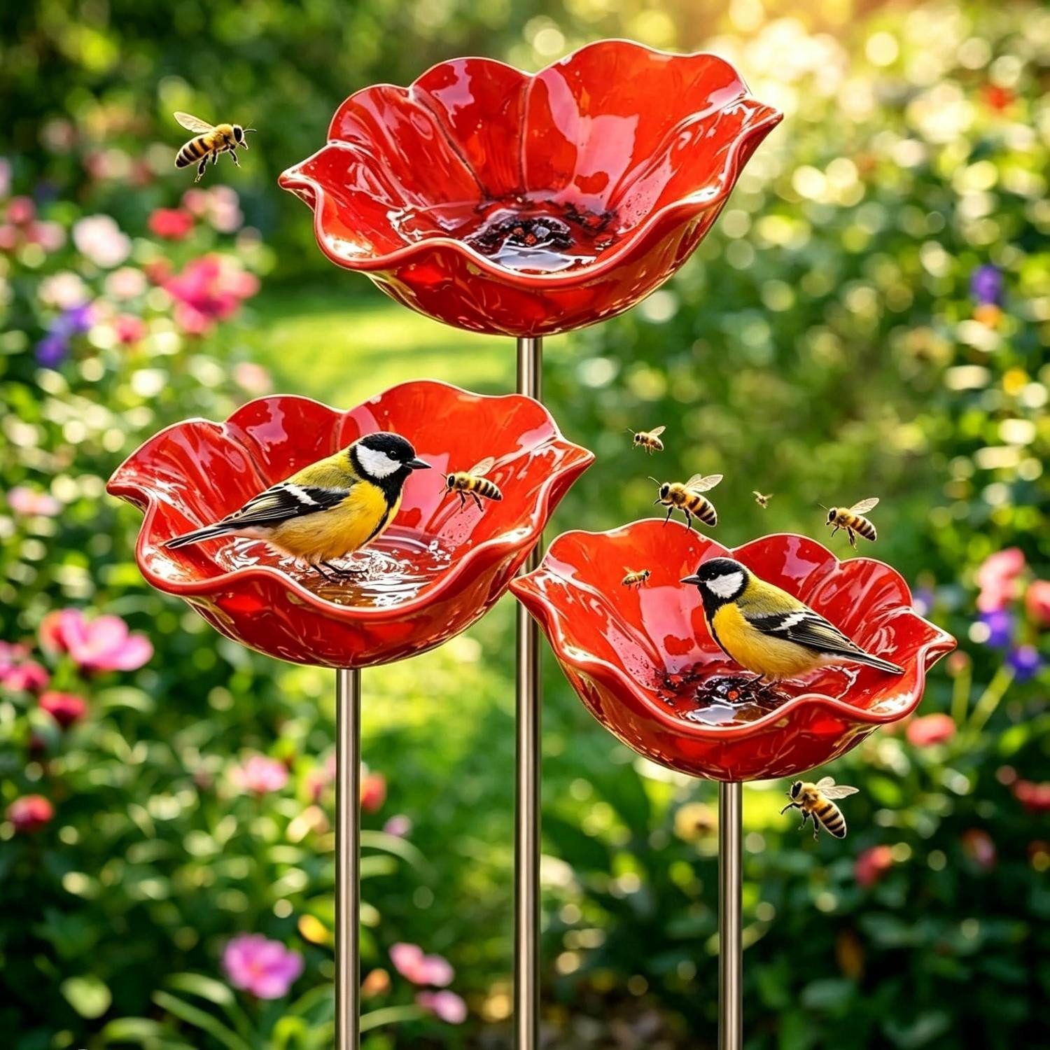 LuxusKollektion Vogeltränke Vogeltränke Metall Blume 3 Stück Rot