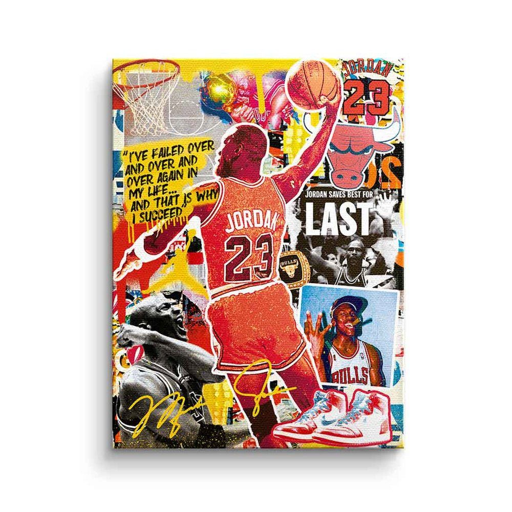 Leinwandbild 23 Pop Michael Leinwandbild, DOTCOMCANVAS® Jordan Porträt Collage Art Rahmen goldener Bulls