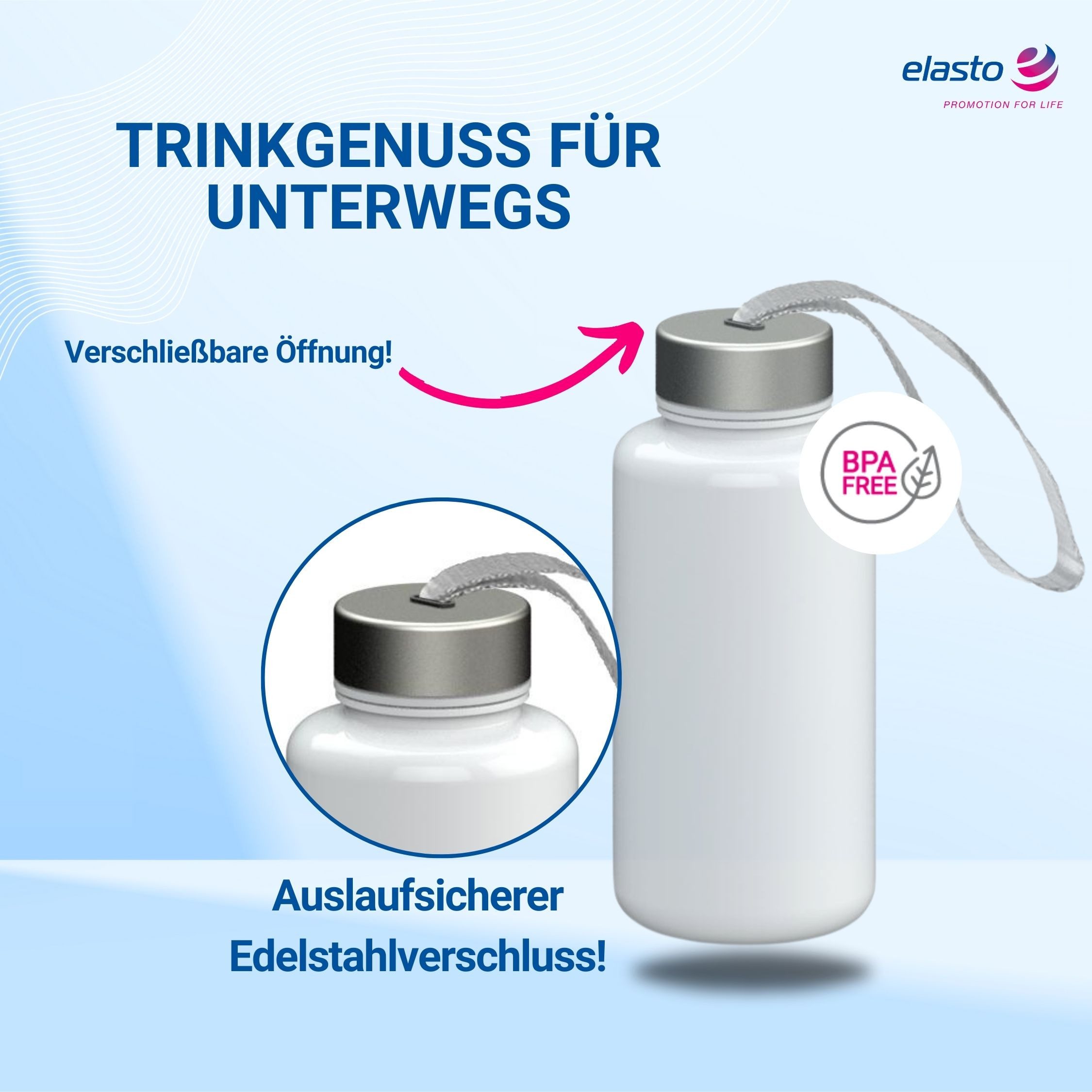 elasto Trinkflasche 1 L Wasserflasche "Pure" Tritanflasche mit Trägerband, Made in Germany, Spülmaschinenfest, Leicht zu reinigen, Sportflasche – Bild 3 von 5