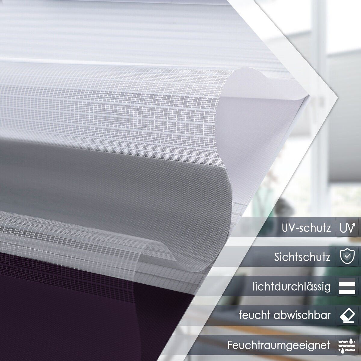 Doppelrollo Ohne Bohren, Schwarz-Weiß/Weiß-Anthrazit-Aubergine, OUBO, freihängend, verspannt, Klemmträger,klemmfix, Lichtschutz schnelle und einfache Montage mit beiliegendem