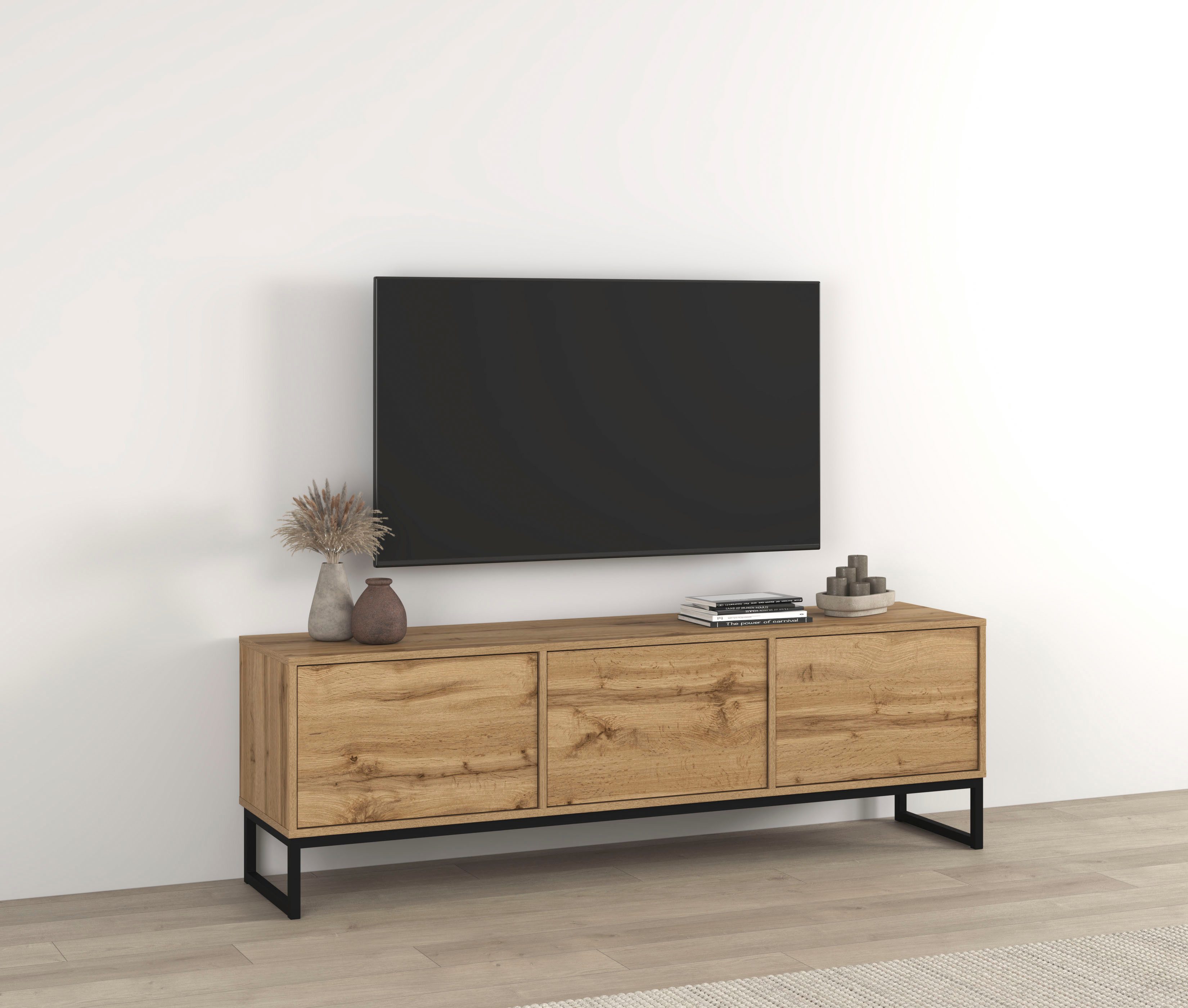 OTTO home Lowboard Loft, Breite 157 cm, TV-Board 3 Klappen, Metallkufen, TV-Kommode mit viel Stauraum, push-to-open-Funktion