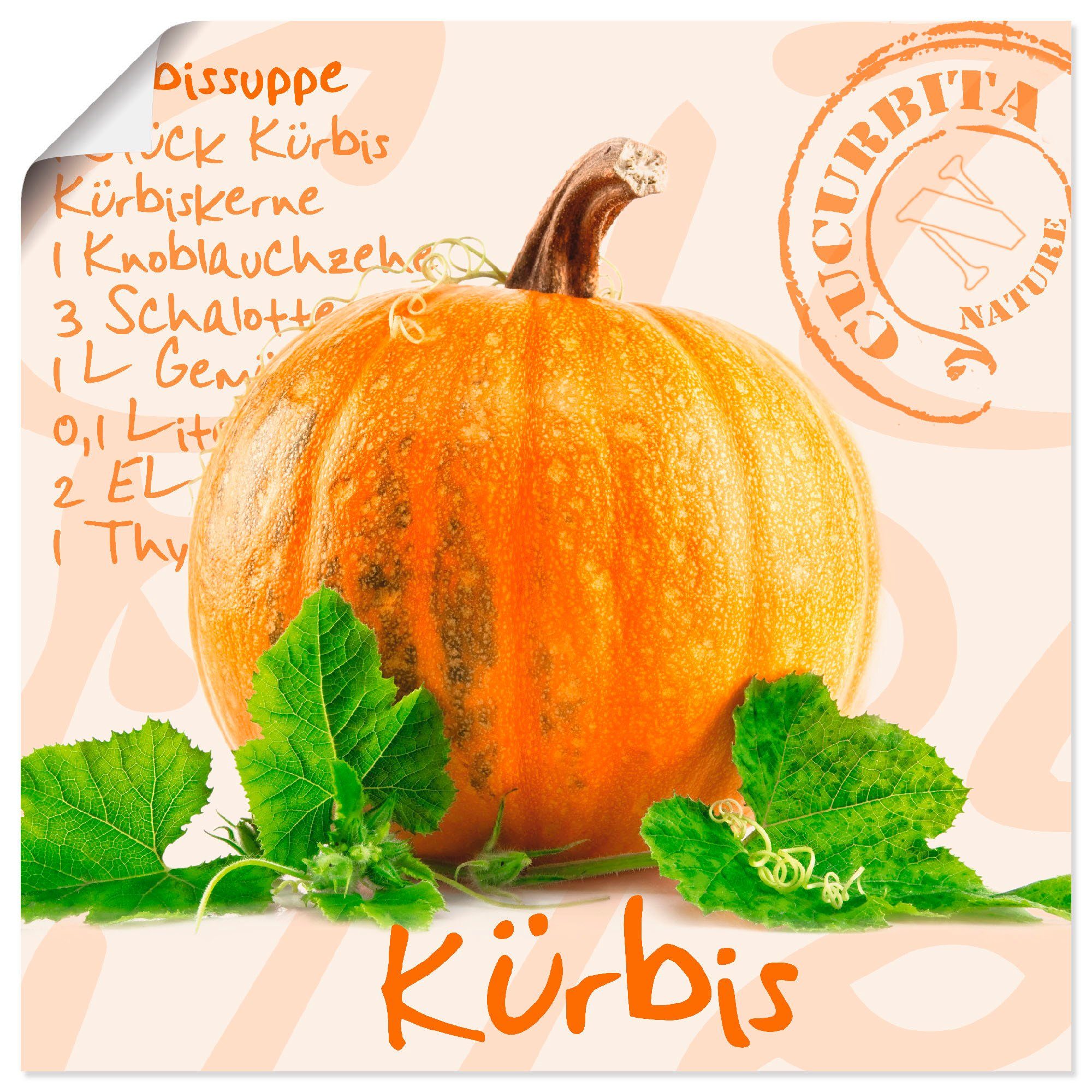 Artland Poster Gelber Kürbis mit grünen Blättern, Lebensmittel (1 St), ohne Rahmen