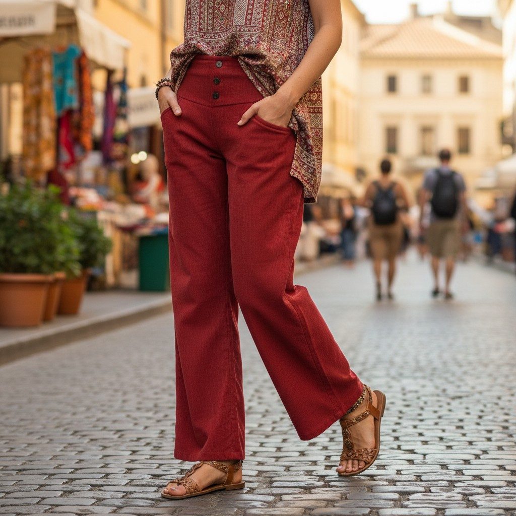 Guru-Shop Relaxhose Cordhose mit leicht ausgestelltem Bein - rot Ethno Style, alternative Bekleidung