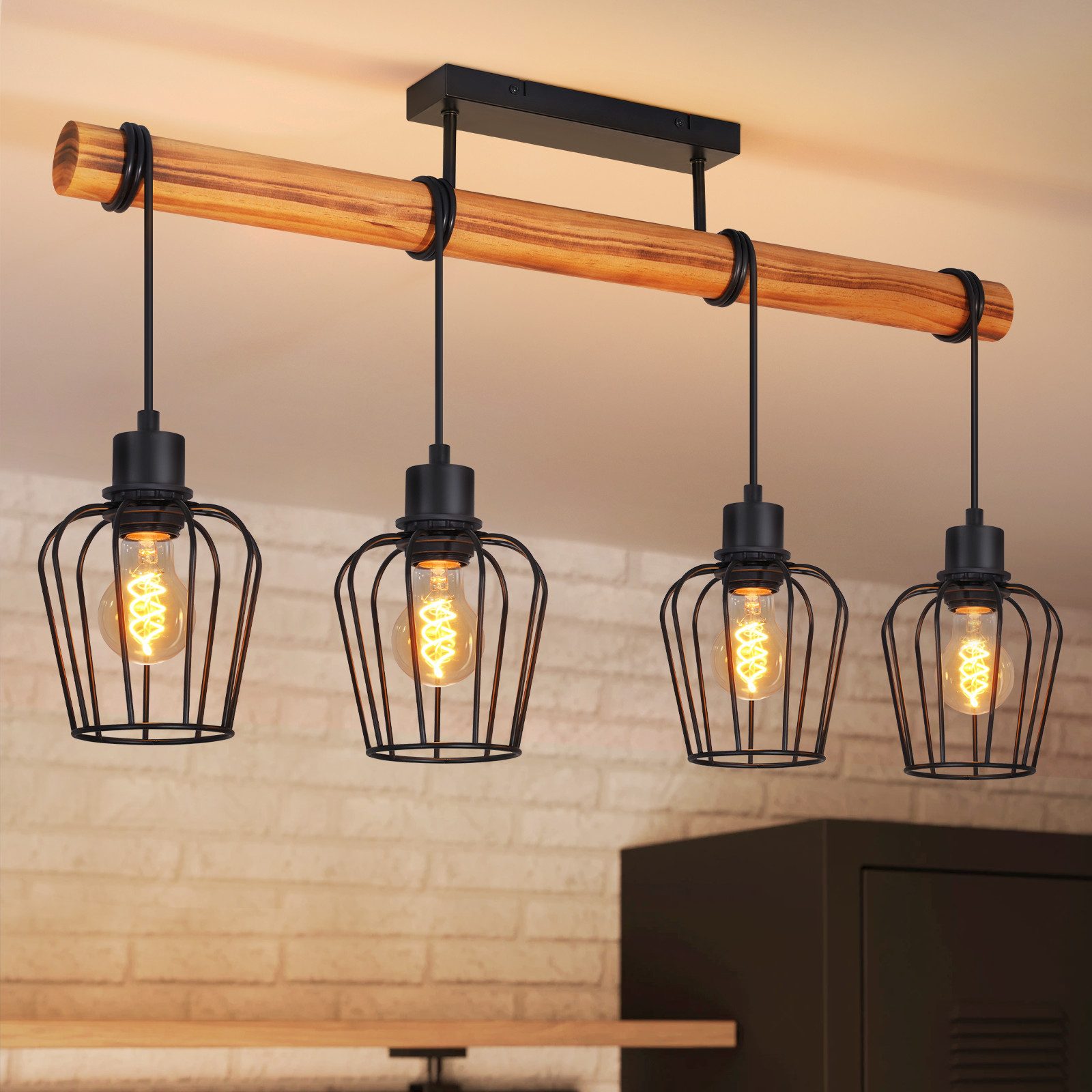 Nettlife Deckenleuchte Holz 2/3/4 flammig Retro Schwarz Deckenlampe E27 Industrial, Höhenverstellbar, LED wechselbar, Flur Wohnzimmer Schlafzimmer