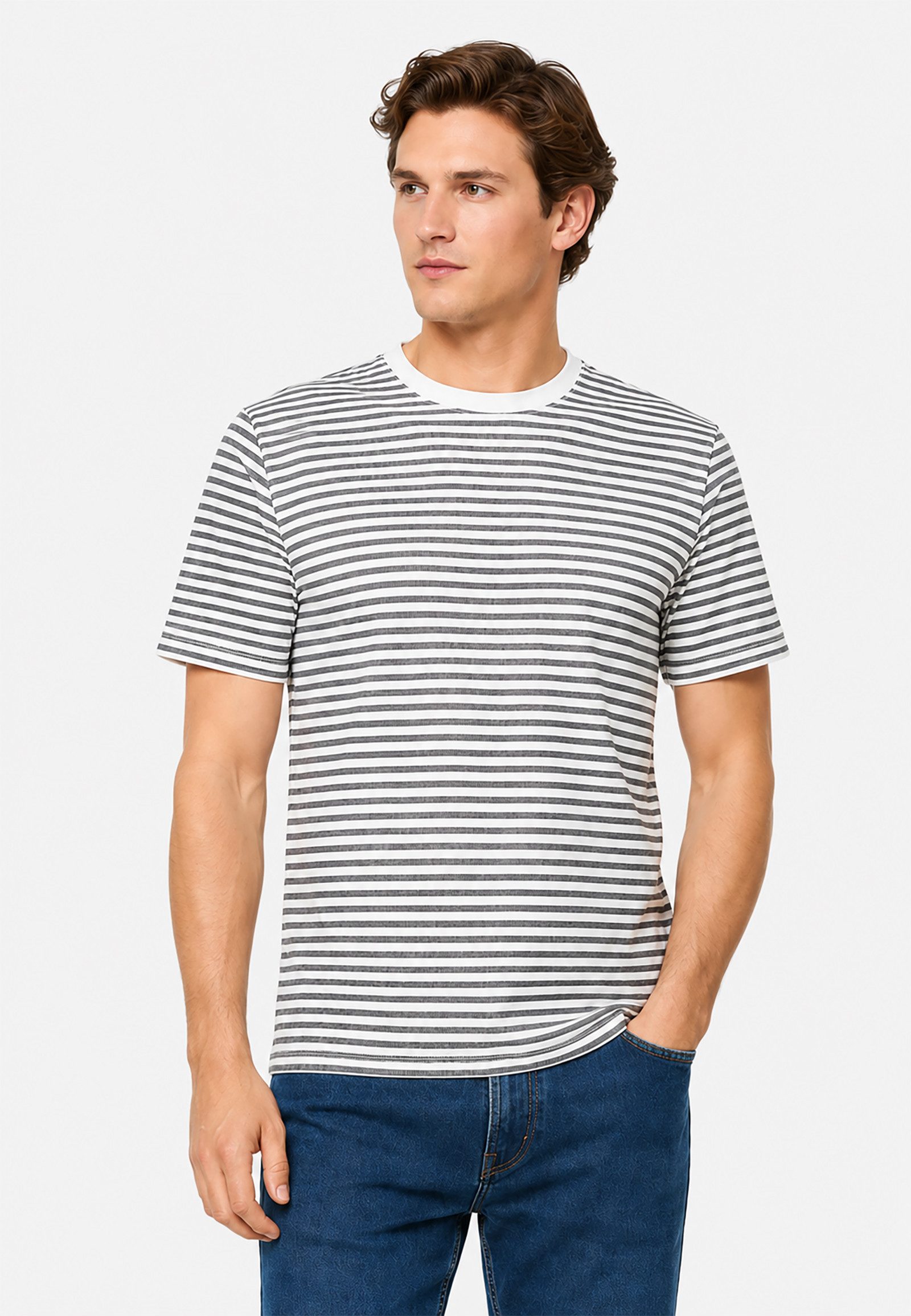 T-Shirt Feines Streifenmuster Rundhalsausschnitt Kurzarm Casual für Herren