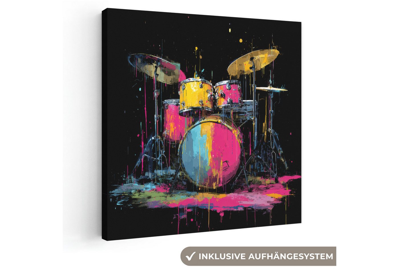 OneMillionCanvasses® Leinwandbild Schlagzeug - Bunt - Farbe - Lebendig, Fotodruck (1 St), Wandbild, Deko Schlafzimmer Wohnzimmer Flur 20x20 cm