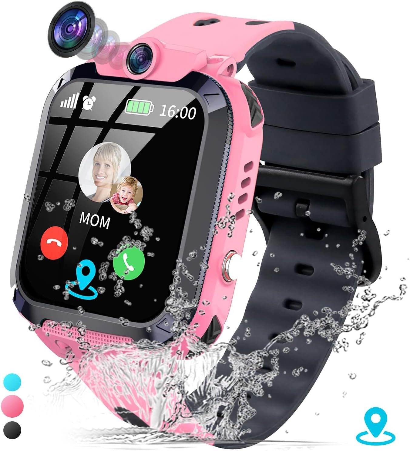 JUBUNRER Kinder mit GPS und Telefon GPS Tracker Smartwatch, mit Telefonuhr Wasserdicht IP68 Armbanduhr Junge Spiele Wecker SOS