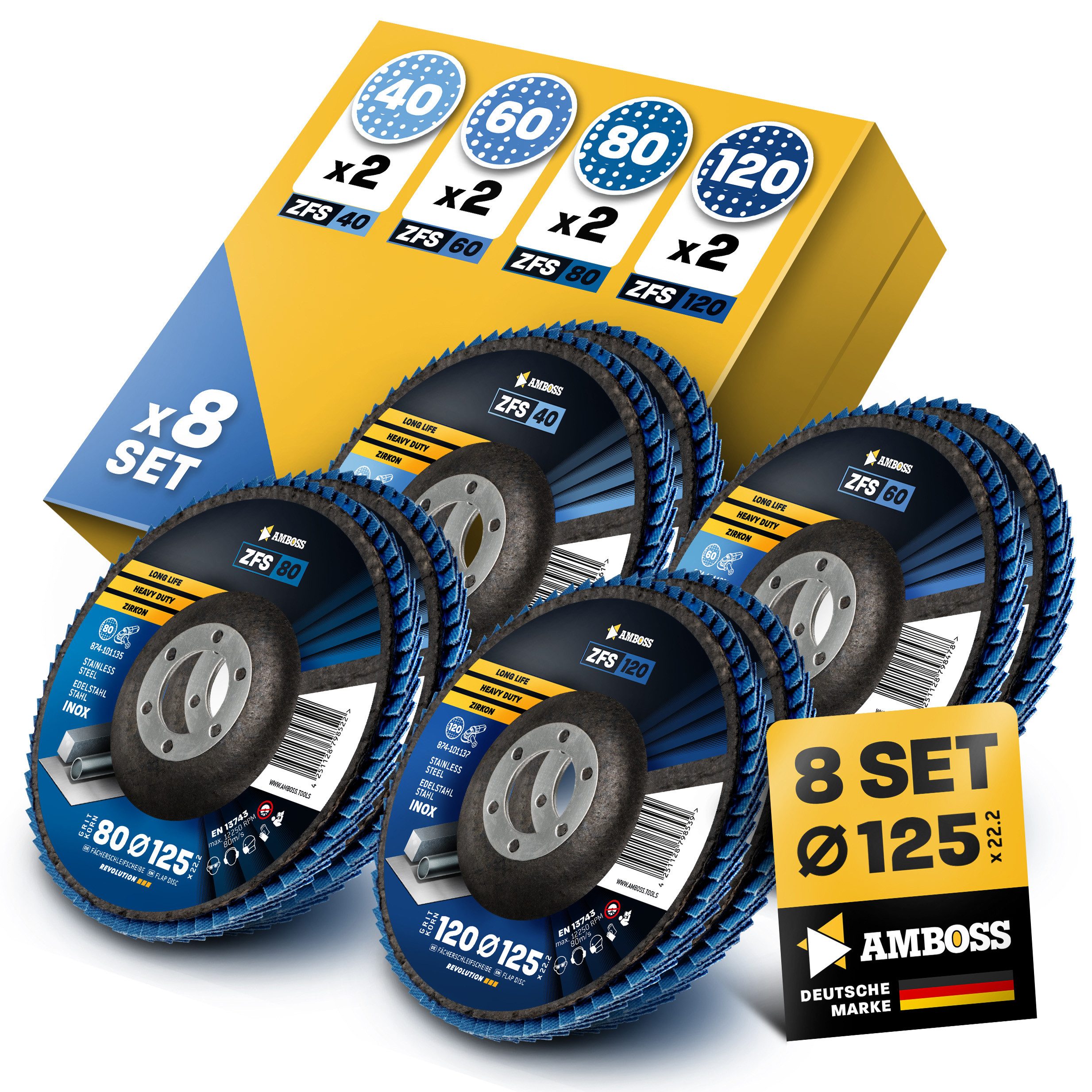 Amboss Werkzeuge Schleifscheibe Amboss Fächerschleifscheibe Set Ø 125 (8 Stck)