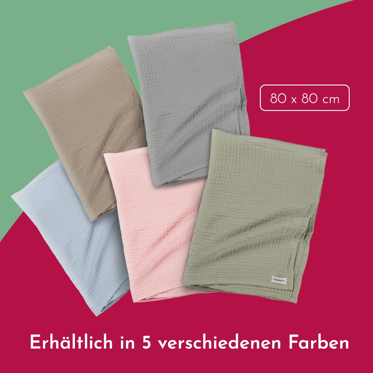 Babydecke Musselintuch für Babys 80x80cm, 100% Musselin-Baumwolle, Clinotest, waschbare Mulltücher ohne Einlaufen - saugstarke Baby Spucktücher