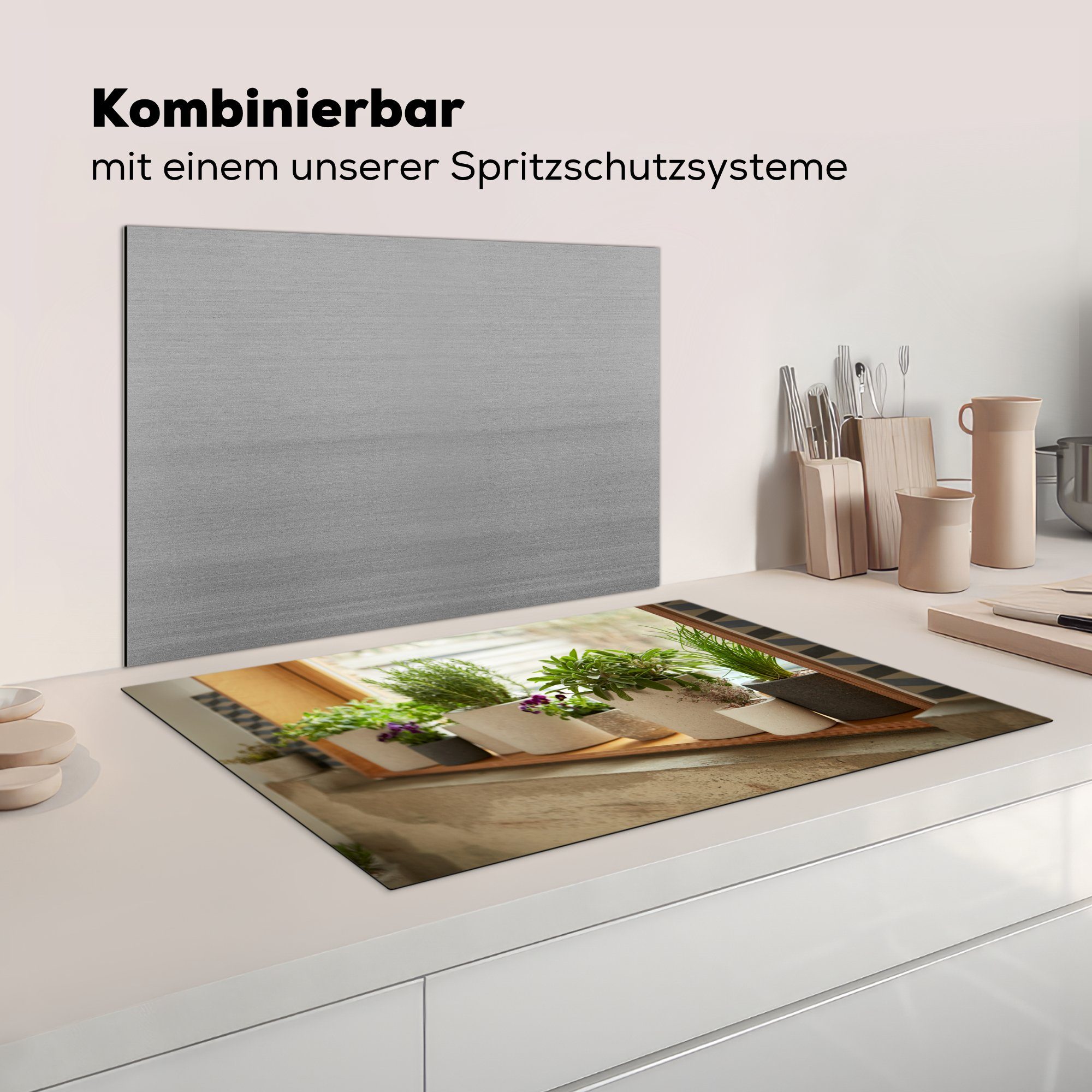 die Induktionskochfeld cm, auf Herdblende-/Abdeckplatte und Töpfe Kräutern mit Vinyl, Schutz tlg), küche, MuchoWow Fensterbank, Ceranfeldabdeckung einer für Stiefmütterchen 81x52 (1