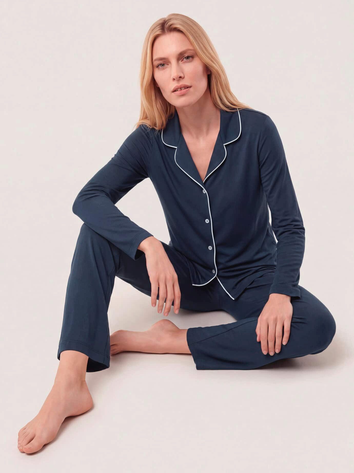 Walbusch Pyjama Damen Pyjama aus Modal Jersey Reverskragen Langarm