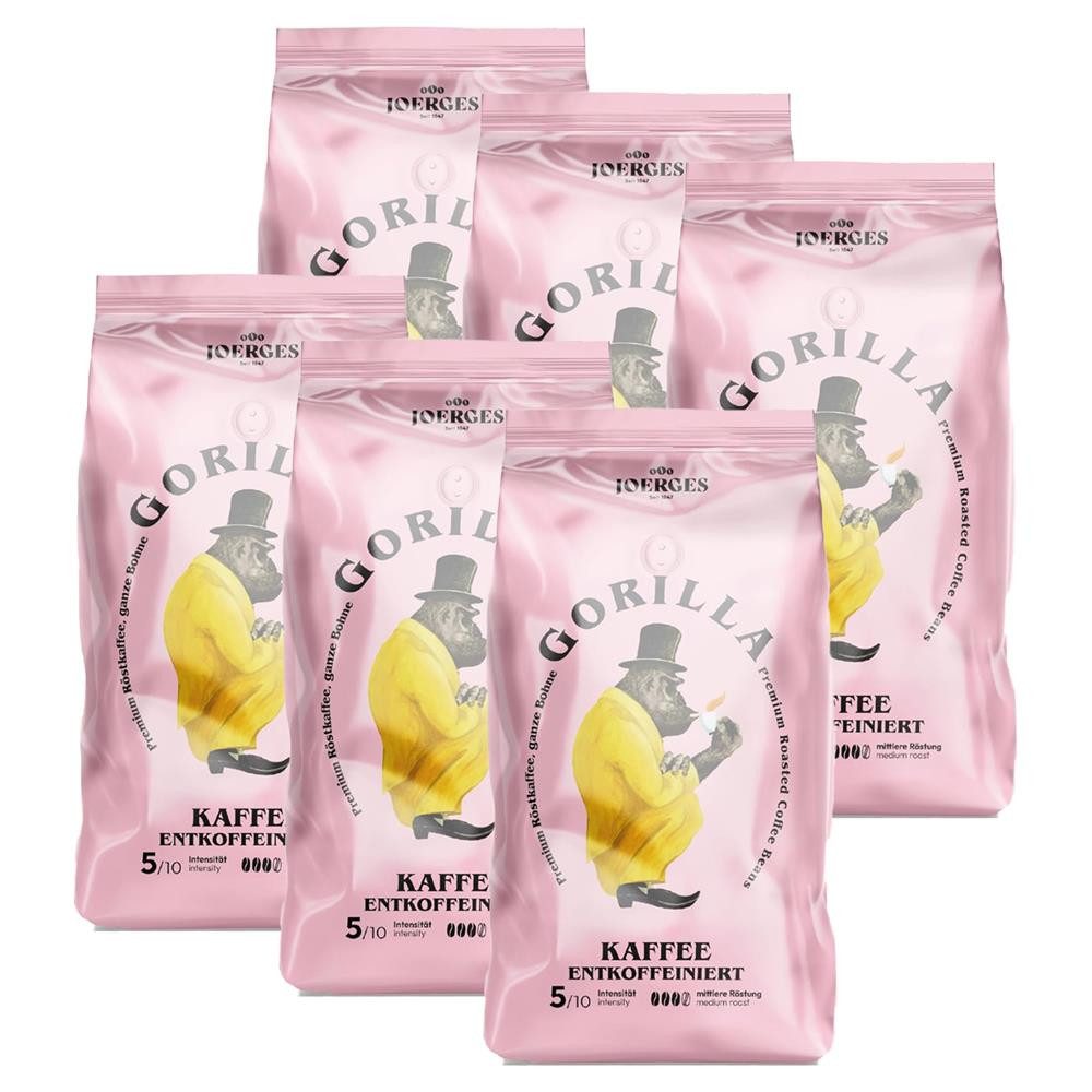 Gorilla Kaffee Joerges Kaffee Entkoffeiniert 6x1kg Bohnen Kaffeebohnen, 6 x 1000 g, Intensität von 5/10