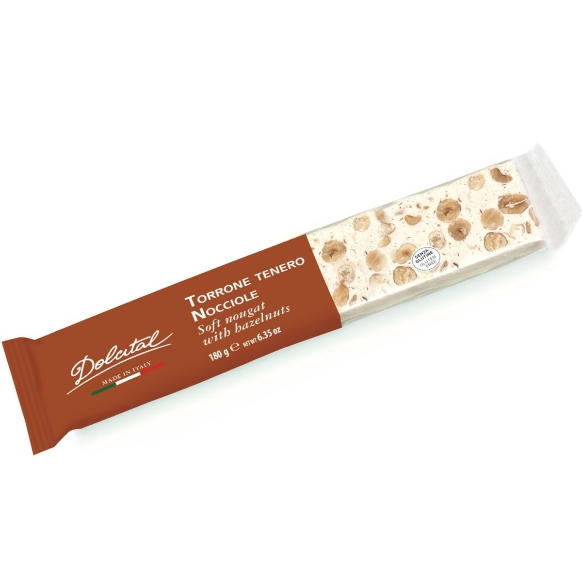 Dolcital Süßigkeit Torrone mit Haselnüssen, Torrone tenero con Nocciole, 180 g, weißer, weicher Nougat