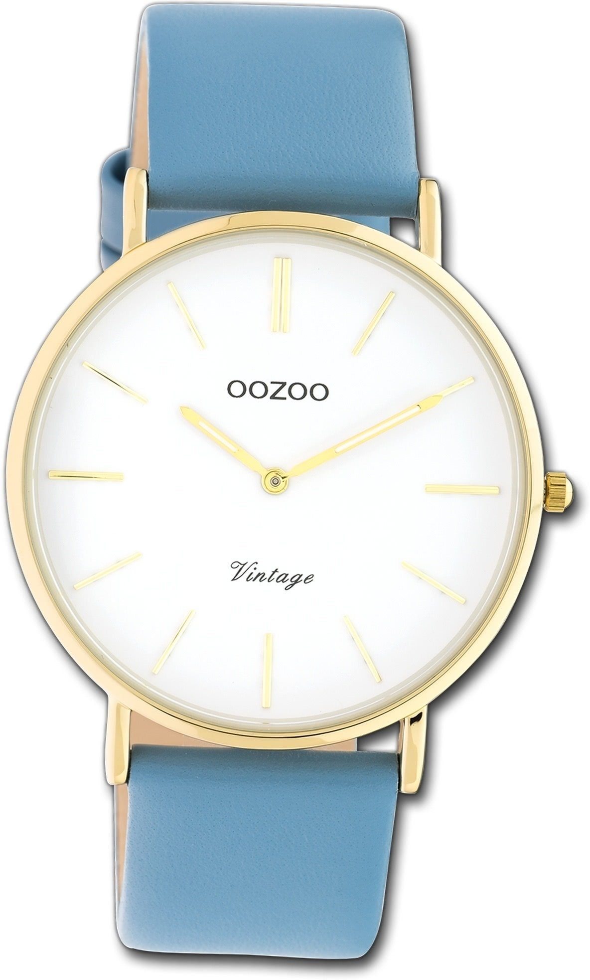 OOZOO Quarzuhr Oozoo Damen Armbanduhr Ultra Slim, (Analoguhr), Damenuhr Lederarmband babyblau, rundes Gehäuse, groß (ca. 40mm)