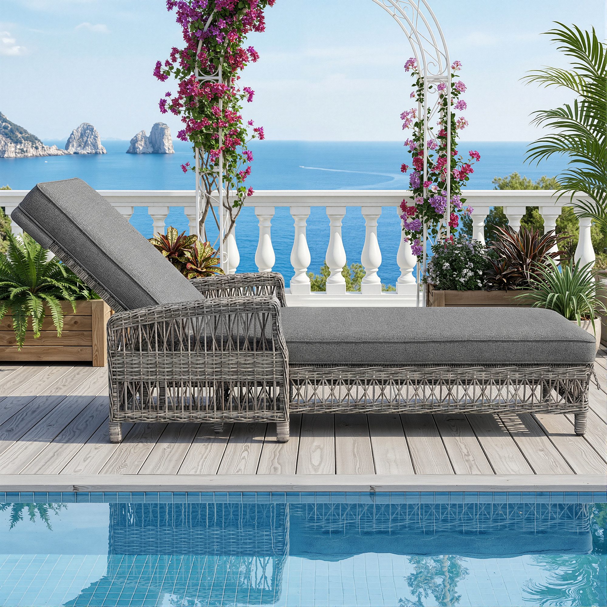 Flieks Gartenliege, 1 St., Outdoor-Liege Sonnenliege aus PE-Rattan mit verstellbarer Rückenlehne