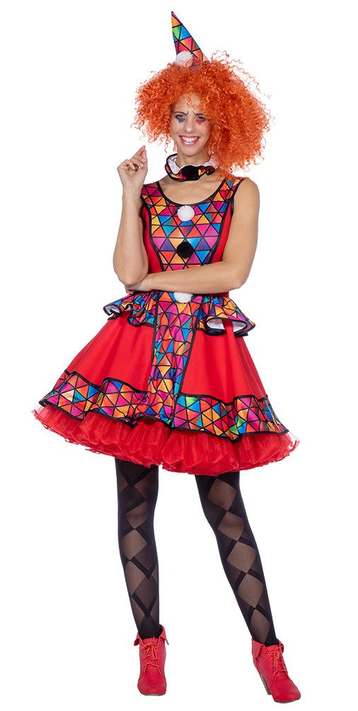 Clown-Kostüm Kleid Damen rot kariert mit Clownshut hochwertig