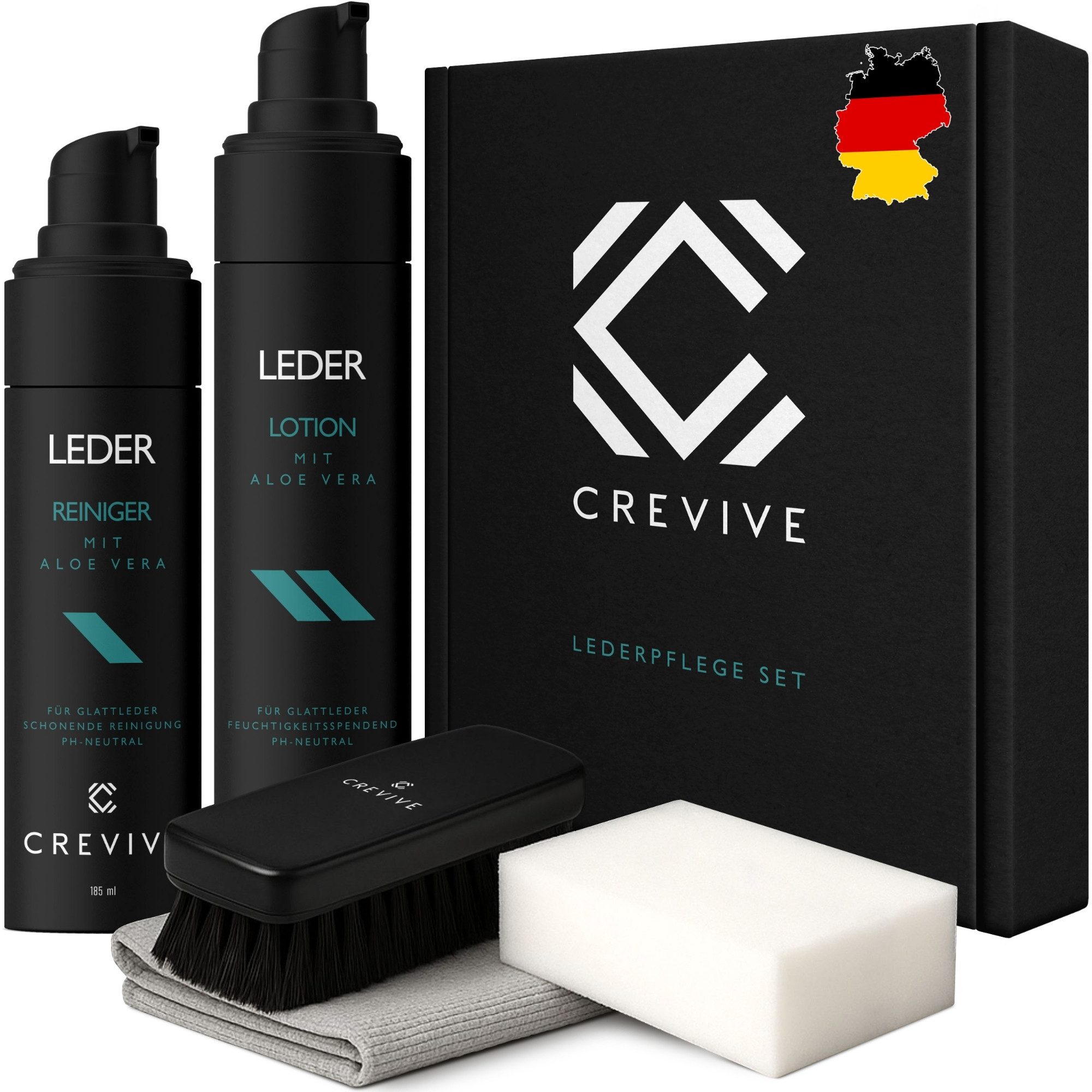 CREVIVE Auto Lederpflegeset (SPARSET, 1x Lederreiniger + 1x Lederpflege + 1x Bürste + 1x Schwamm + 1x Tuch), mit Aloe Vera, Lederpflege Auto, Lederreiniger Auto
