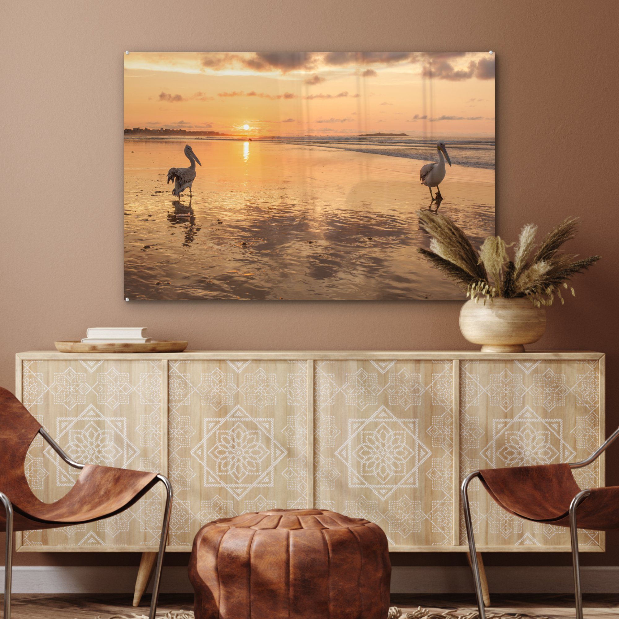 (1 MuchoWow - Acrylglasbilder Wohnzimmer Pelikan St), Acrylglasbild Meer, Sonne Schlafzimmer - &
