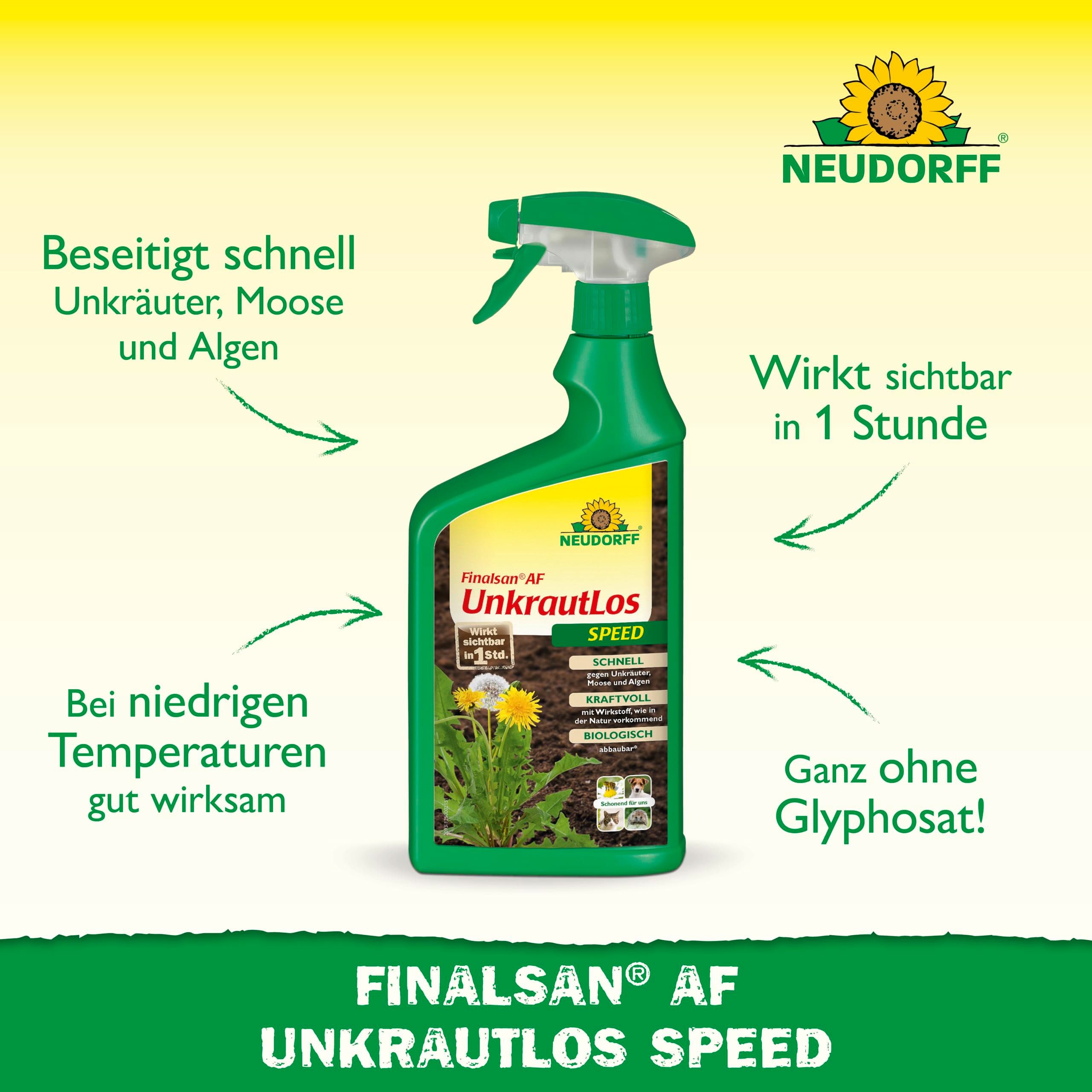 Neudorff Unkrautbekämpfungsmittel Finalsan AF UnkrautLos Speed 1 Liter, ohne Glyphosat! gegen Unkraut, Moos und Algen, Schnell wirkender Unkrautvernichter, Wirkt in 1 Stunde