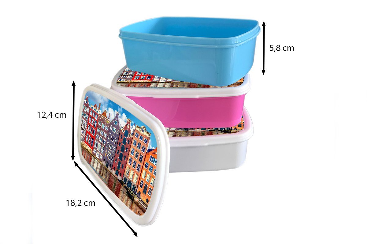Brotdose Lunchbox Kunststoff, (2-tlg), Kinder, Erwachsene, Brotbox Grachtenhäuser - Kunststoff - rosa Amsterdam, Wasser für MuchoWow Mädchen, Snackbox,
