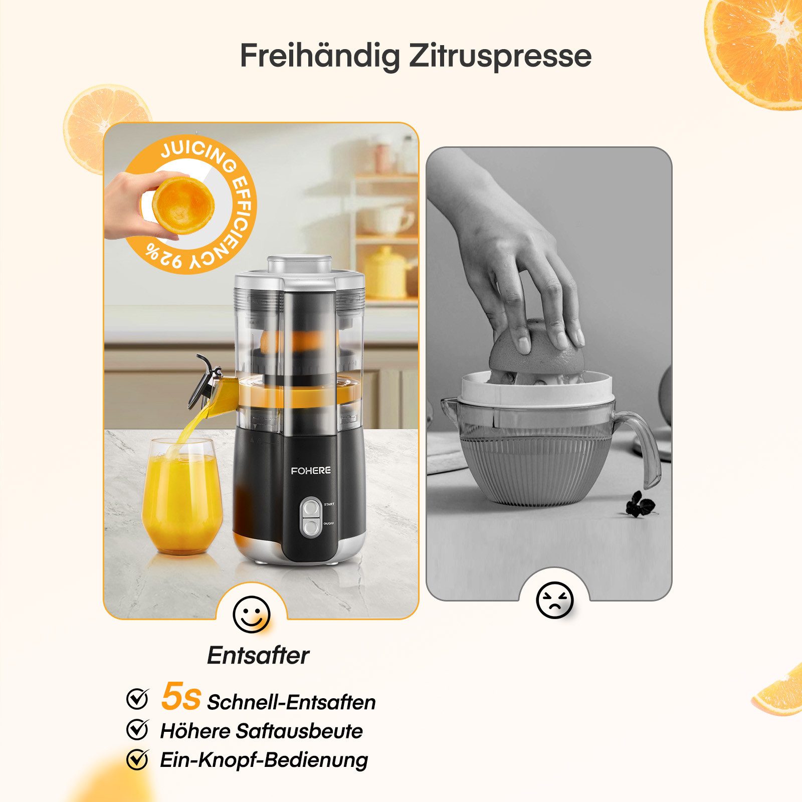 FOHERE Zitruspresse Elektrische Zitruspresse, 100W Leiser Motor, BPA-frei, 2 Presskegeln, 100 W, mit tropffreier Düse, aus BPA-freiem ABS-Material