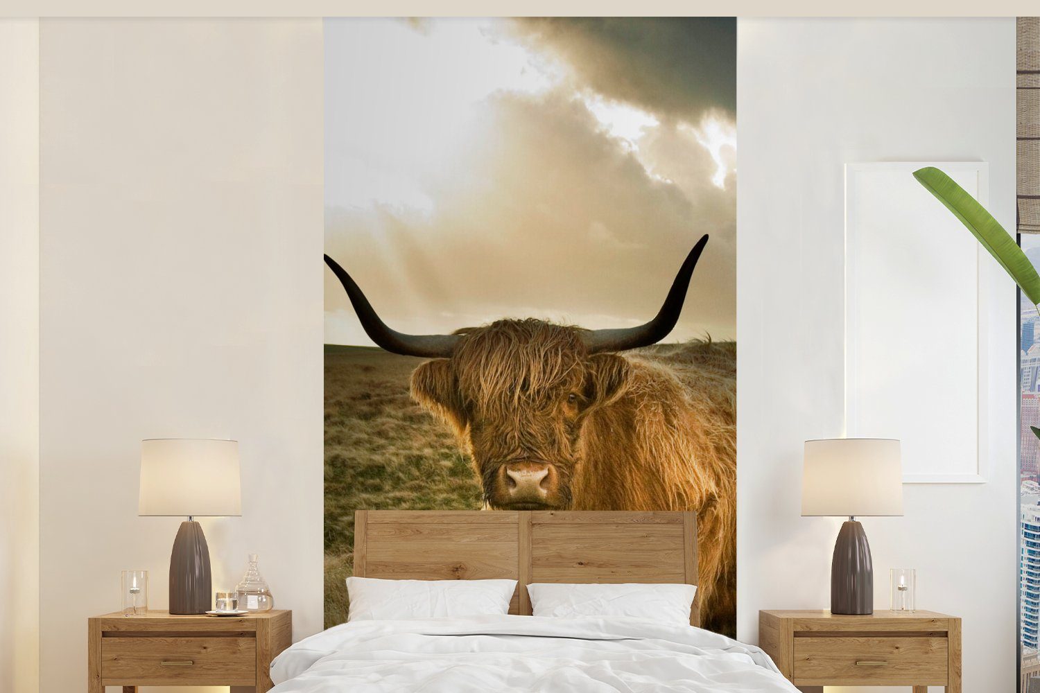 Schlafzimmer - MuchoWow Matt, für - Wohnzimmer Küche, (2 St), Hochländer Vliestapete Schottischer Sonne Fototapete Gras, Fototapete bedruckt,