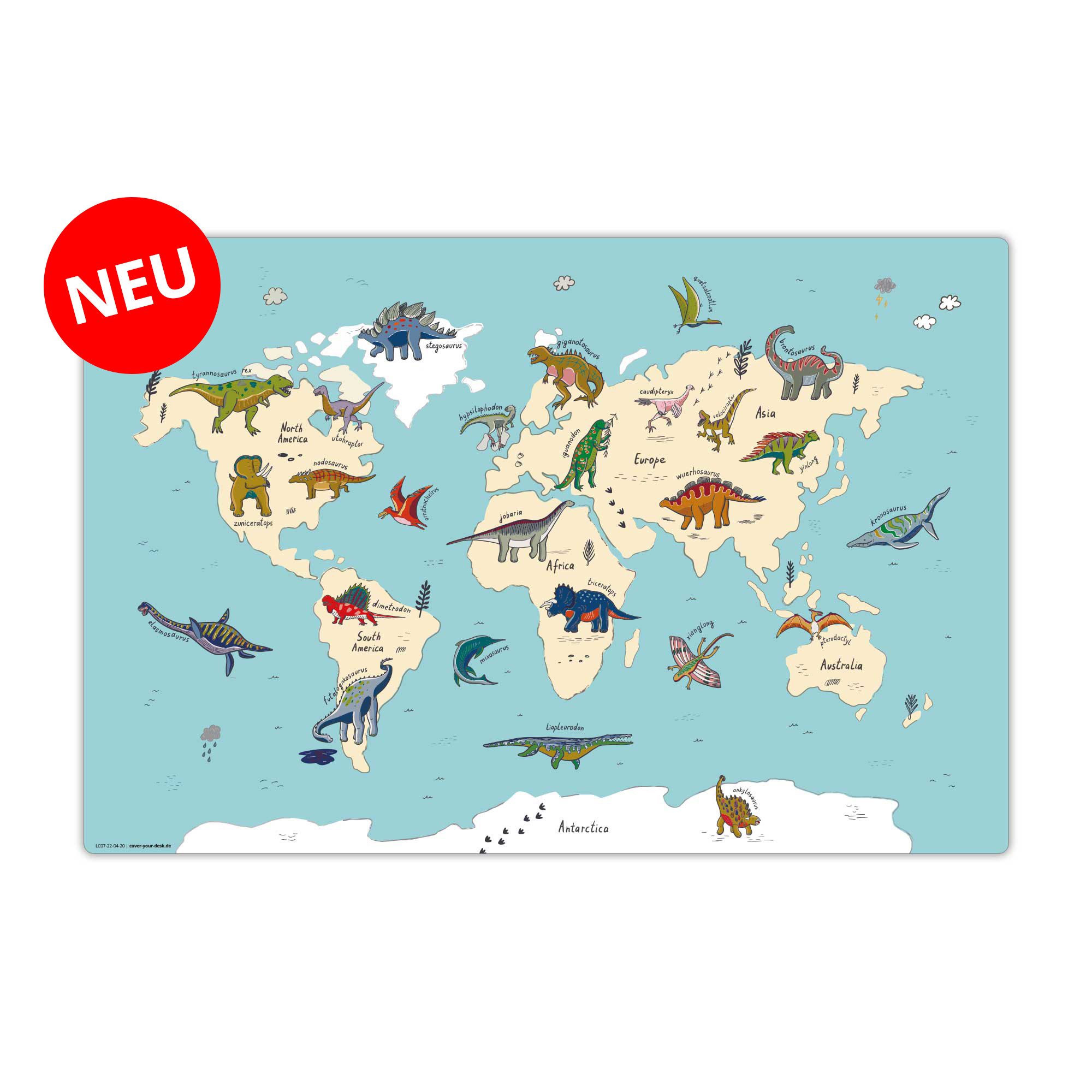 Schreibtischunterlage für Kinder – “Dinosaurier Weltkarte“ – 60 x 40 cm – Made in Germany