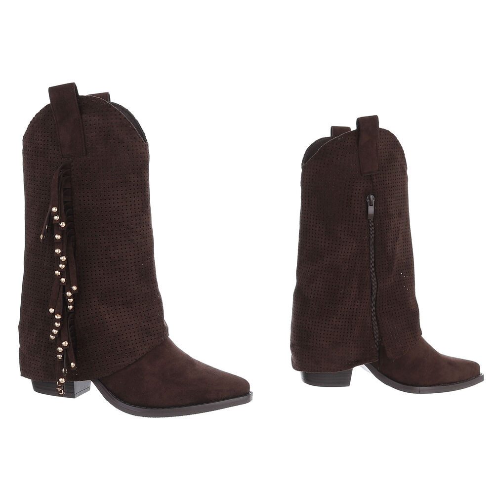 Ital-Design Damen Boots mit Fransen und perforiertem Design Westernstiefel (91154621) Blockabsatz Stiefel in Dunkelbraun – Bild 4 von 5