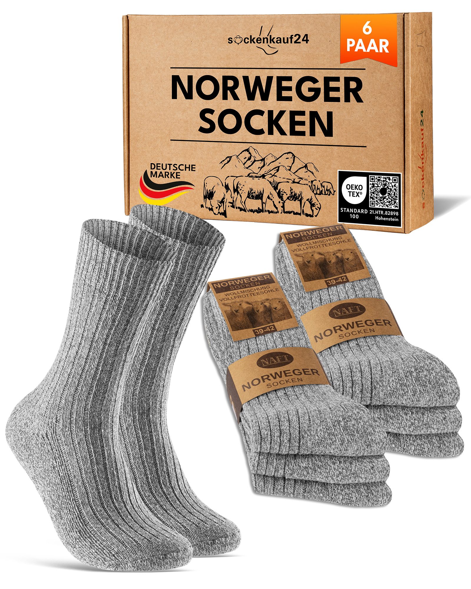 sockenkauf24 Norwegersocken 6 Paar warme Wintersocken Herren & Damen Wollsocken mit verstärkter Sohle in Schwarz Grau Anthrazit - 70301T