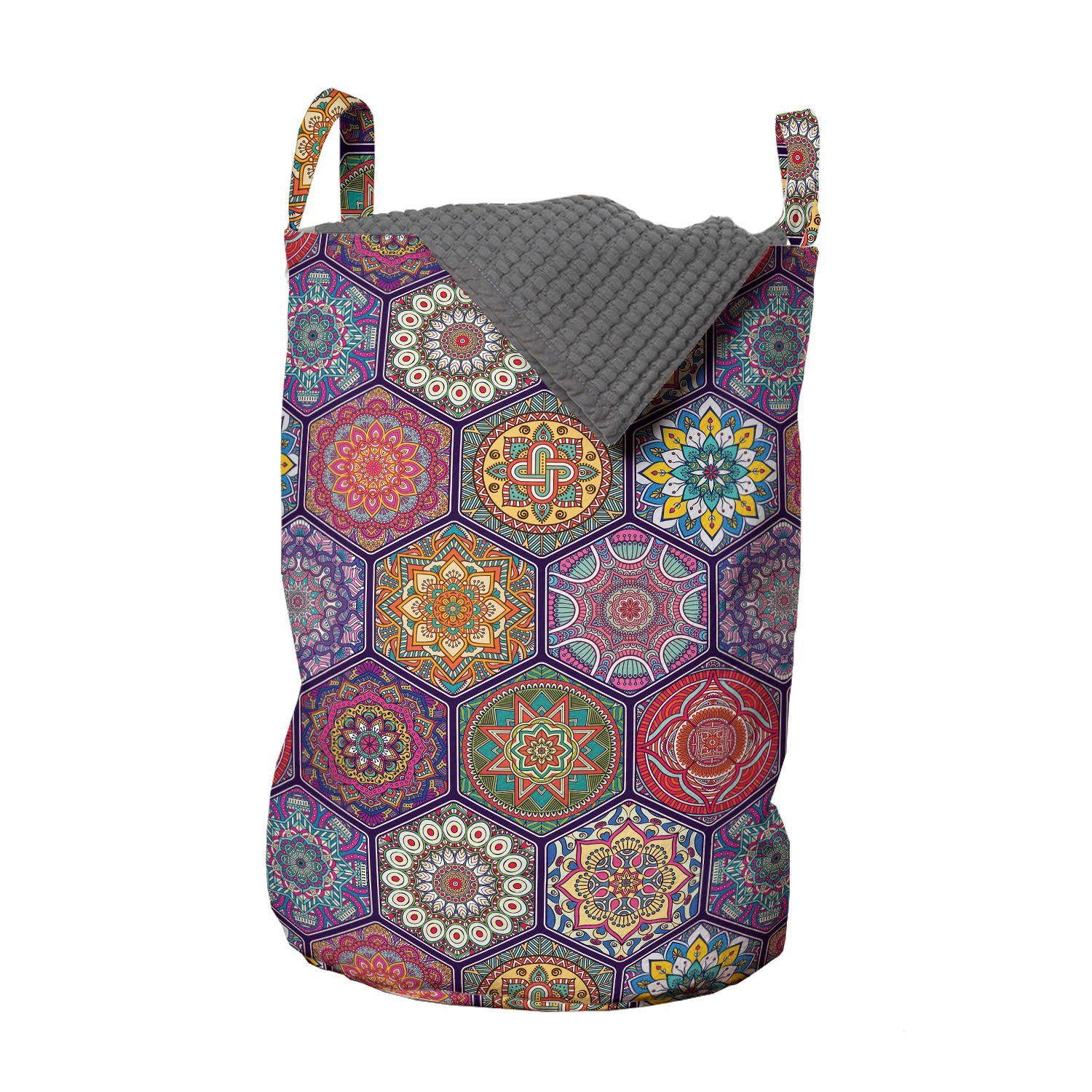 Abakuhaus Wäschesäckchen Wäschekorb mit Griffen Kordelzugverschluss für Waschsalons, Mandala Oriental Hexagon Motiv