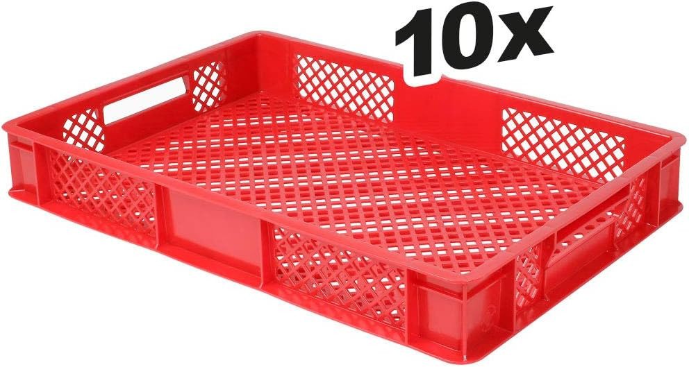 Thumbnail - BRB-Lagertechnik Stapelbox 10x Eurobehälter/Bäckerkiste durchbrochen, LxBxH 600x400x90 mm, Stoßfest, robust und formstab...