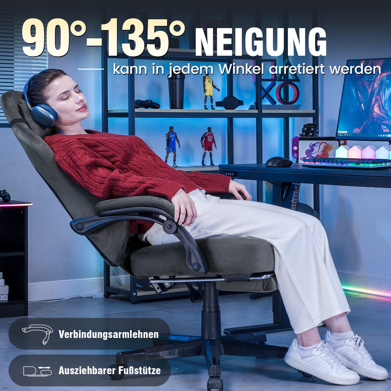GTPLAYER Gaming-Stuhl Stoff Gaming Chair Ergonomisch Bürostuh PC Stuhl, 150kg Belastbarkeit, Schreibtischstuh mit Federsitzkissen und Fußstütze – Bild 4 von 5