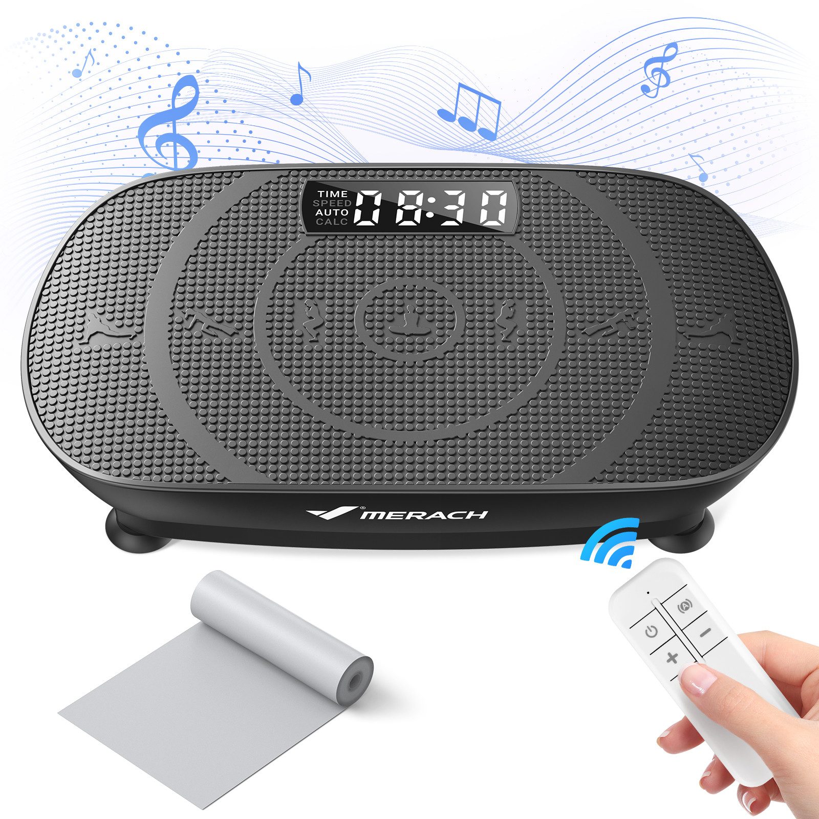 MERACH Vibrationsplatte mit Bluetooth, Widerstandsband, Ganzkörper Sportgerät, 10 Intensitätsstufen, LED-Display, für Gewichtsverlust, Formung, Training Bauch Beine Gesäß