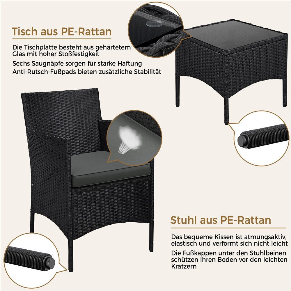 Yaheetech Balkonset Gartenmöbel-Set 3-Teilig in Rattanoptik für 2 Personen, Gartengarnitur inkl. 2 Stühle mit Kissen & Tisch mit Hartglasplatte – Bild 5 von 5
