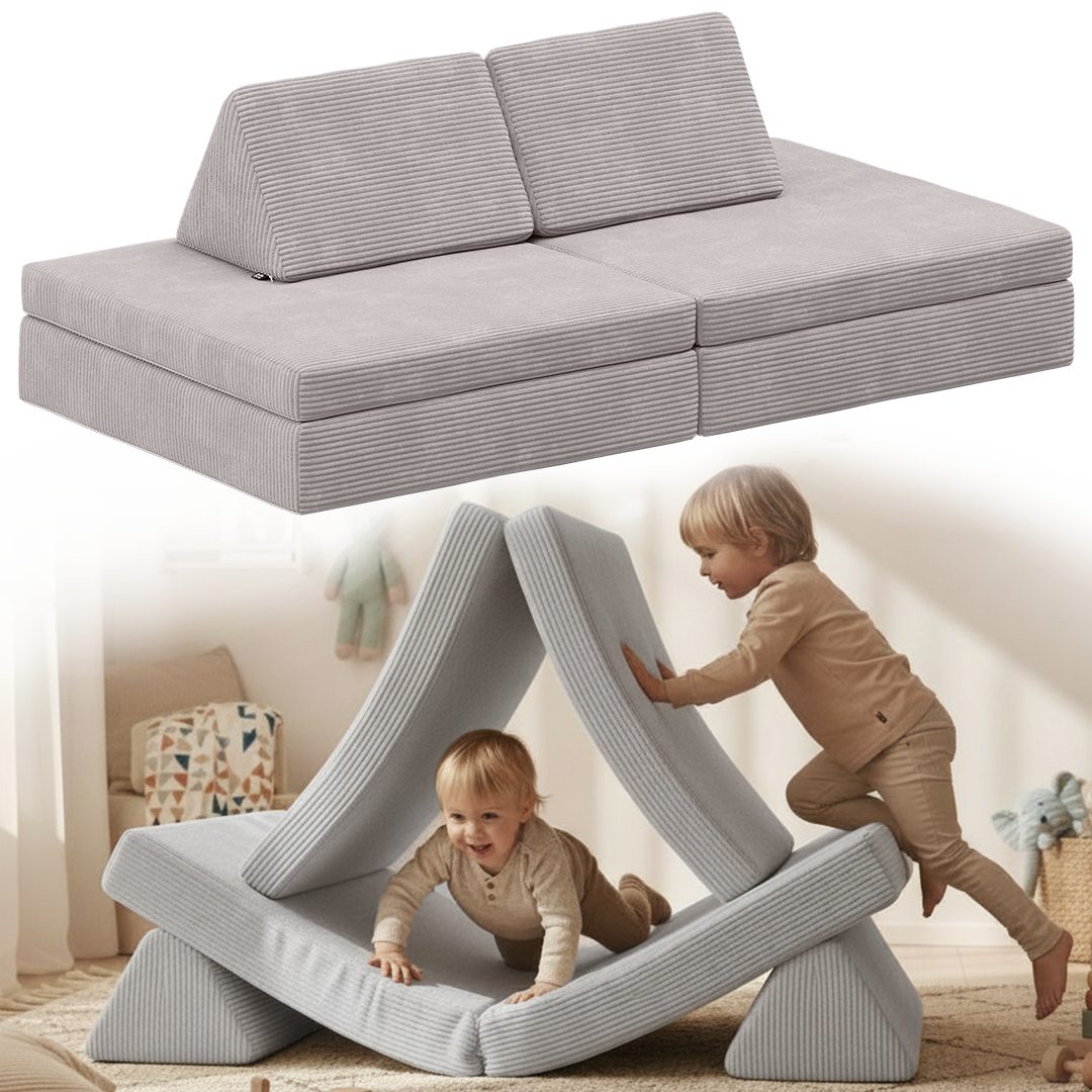 Bellabino Kindersofa Nile aus 4 Schaumstoff Teilen, Grau, Maxi-Variante, faltbare Kinderspielcouch, Cordbezug, abnehmbar, waschbar 160x52x75cm
