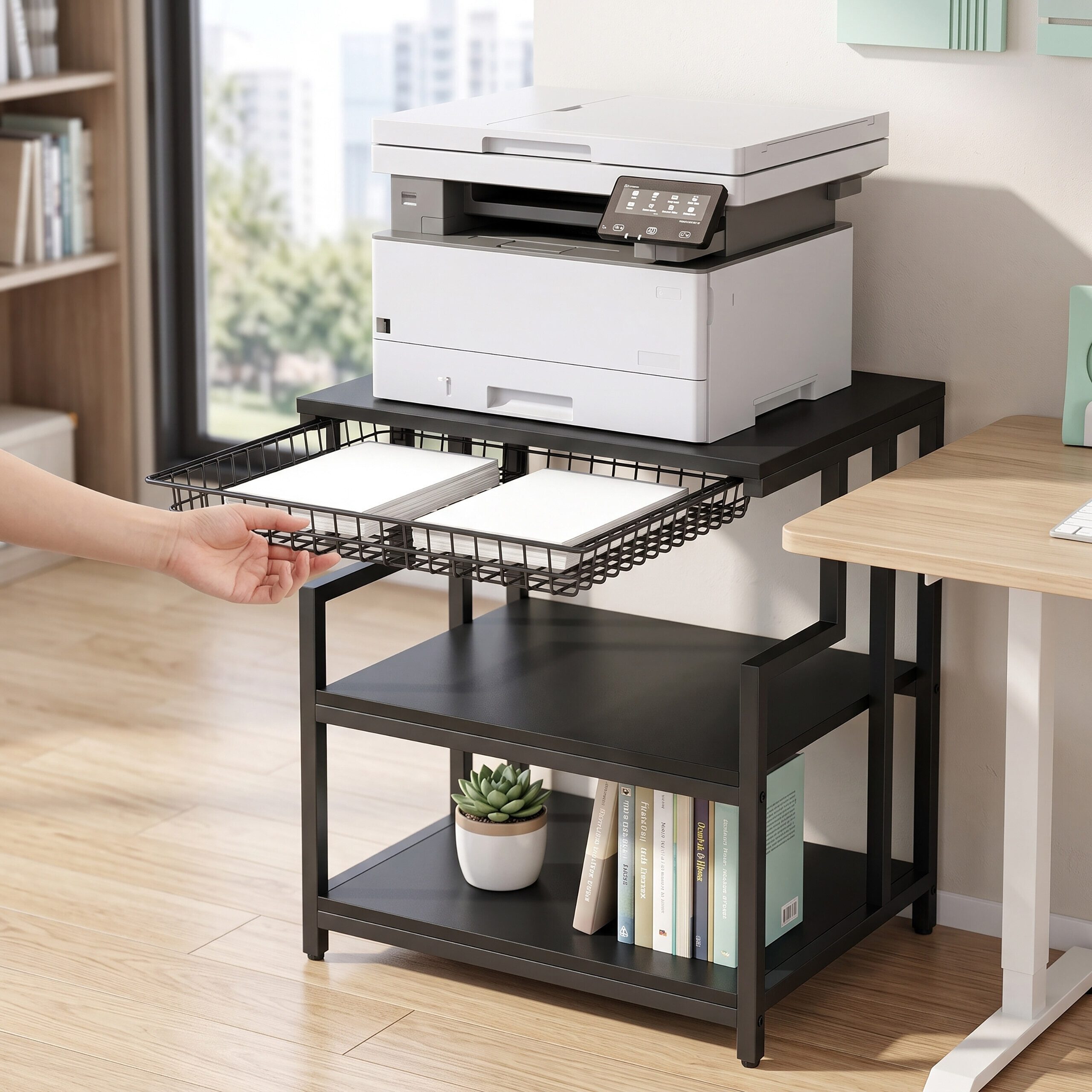 relaxdays Druckertisch mit 3 Ebenen (1-St), schwarz – Bild 2 von 5