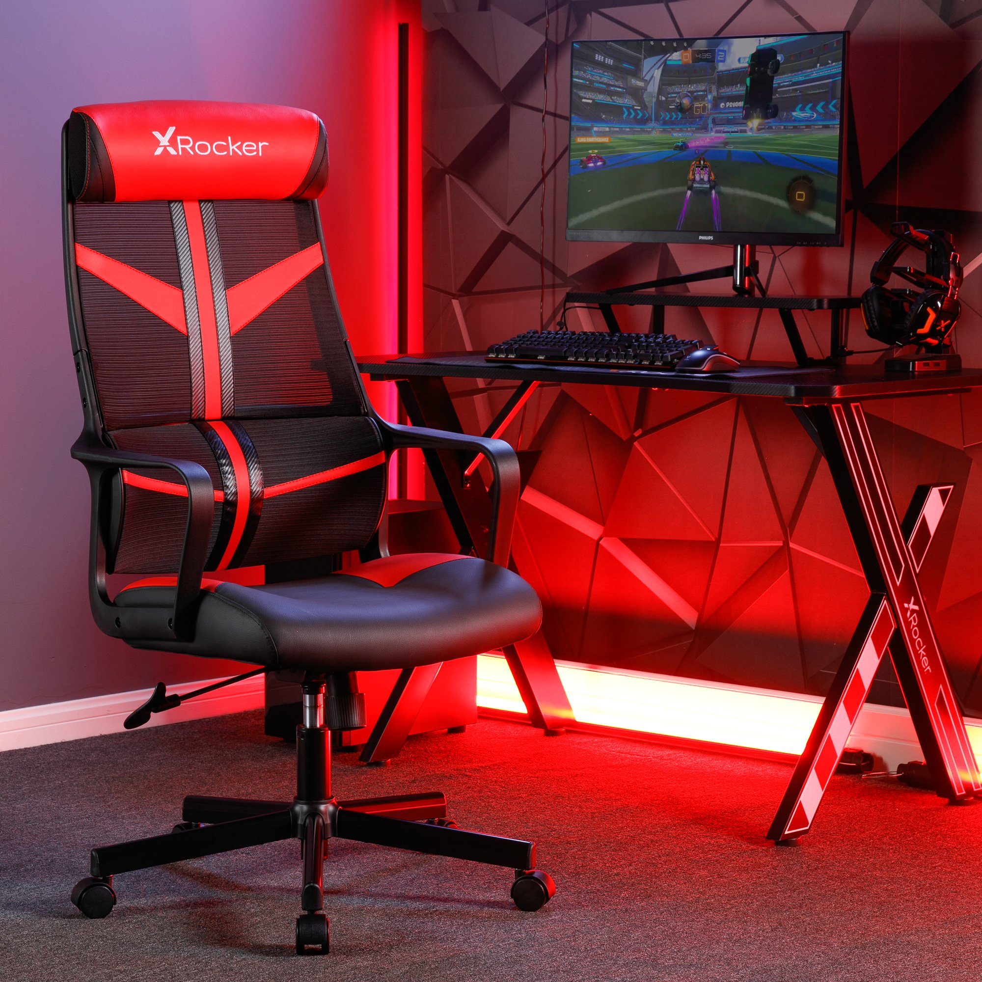 X Rocker Bürostuhl Helix Gaming Bürodrehstuhl mit Mesh Netzstoff Rückenlehne Rot