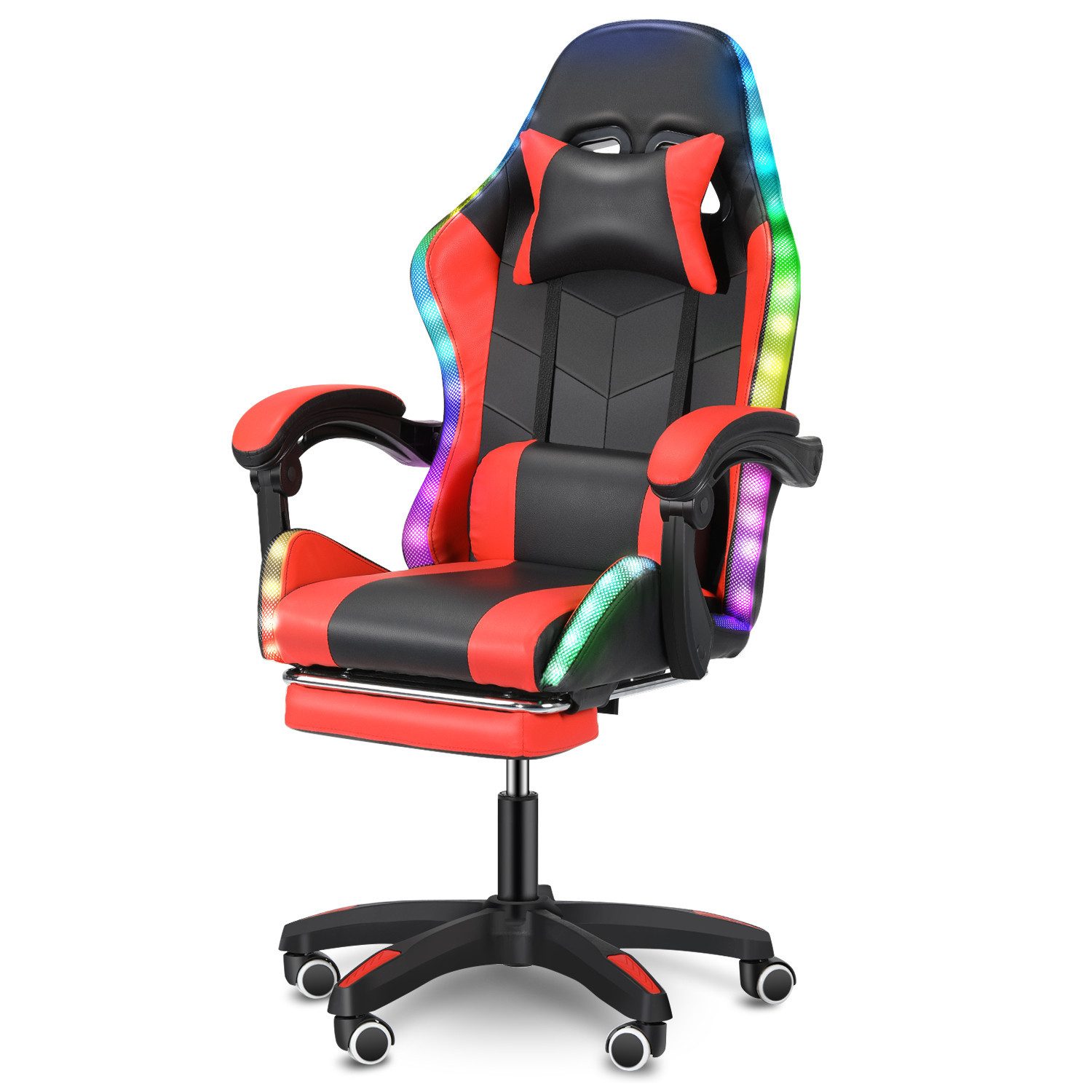 WILGOON Gaming Chair Gaming-Stuhl mit LED, Höhenverstellbar Ergonomisch Bürostuhl (Gaming Chair Gepolstert mit Verstellbare Lendenkissen, Kopfkissen und Fußstütze), Gaming Chair mit Kopfkissen Lendenkissen,Gamer-Stuhl für Erwachsene