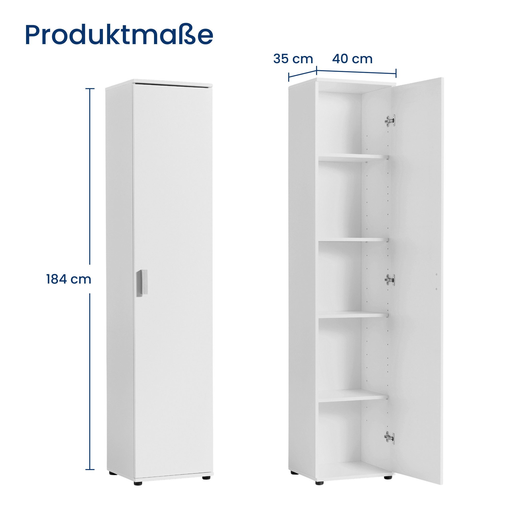 Home Collective Mehrzweckschrank Schmaler Schrank 40 cm breit mit 1 Tür & 4 Einlegeböden (Universalschrank Haushaltsschrank für Haushalt, Flur, Büro oder Schlafzimmer) 40x35x184 cm (BxTxH), Weiß