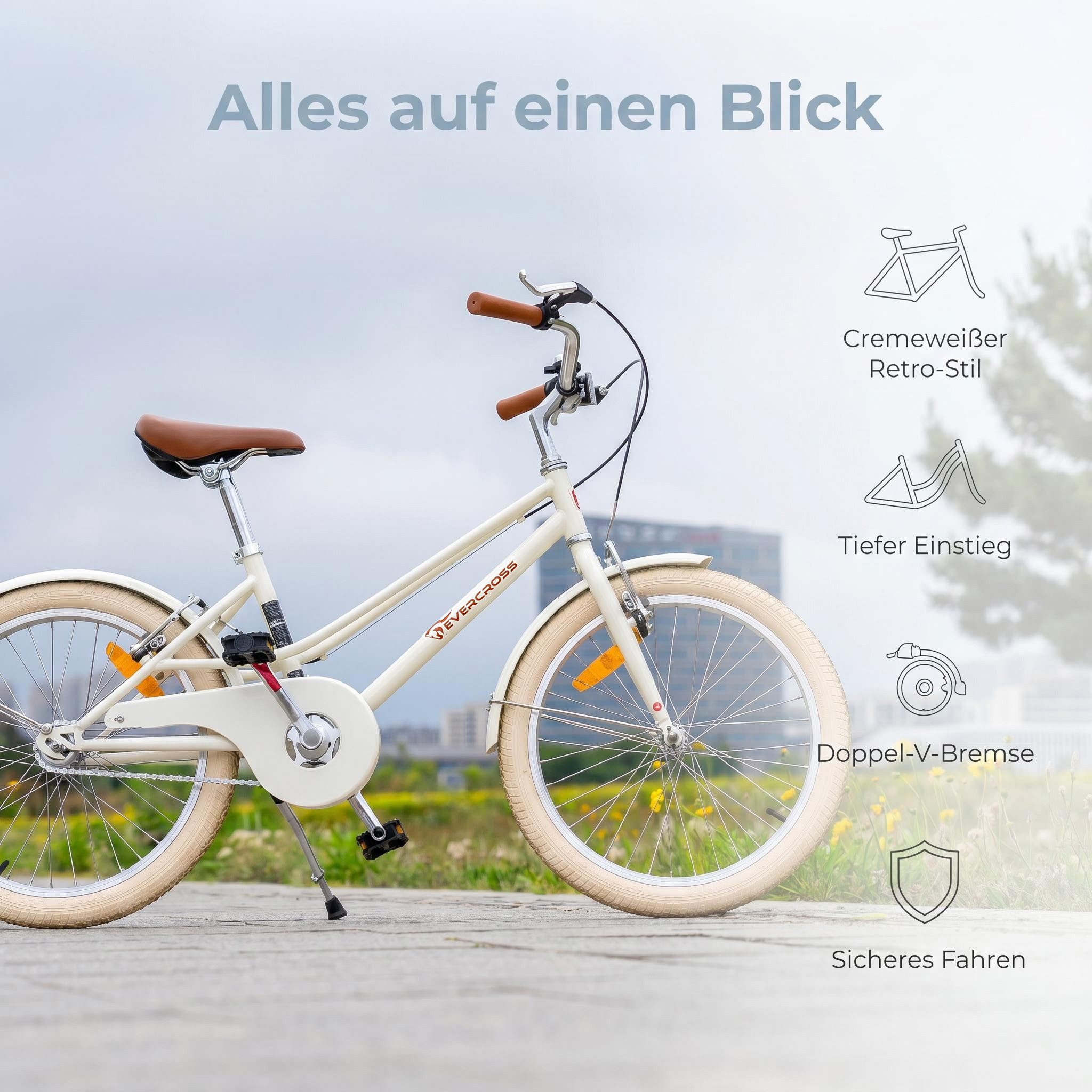 EVERCROSS TECH Kinderfahrrad EM2 20 Zoll Retro Cremeweiß für Kinder ab 6 Jahre, 1 Gang, Niedriger Einstieg, V-Bremsen, Sicher & Komfortabel für Alltag – Bild 4 von 5