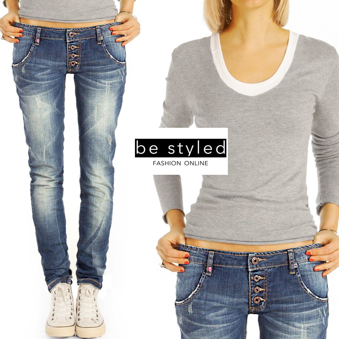 be styled Low-rise-Jeans Low Waist - Stretch-Anteil, j17g-3 Schlitz Knopfleiste Damen mit 5-Pocket-Style - am mit Hüftjeans Saum