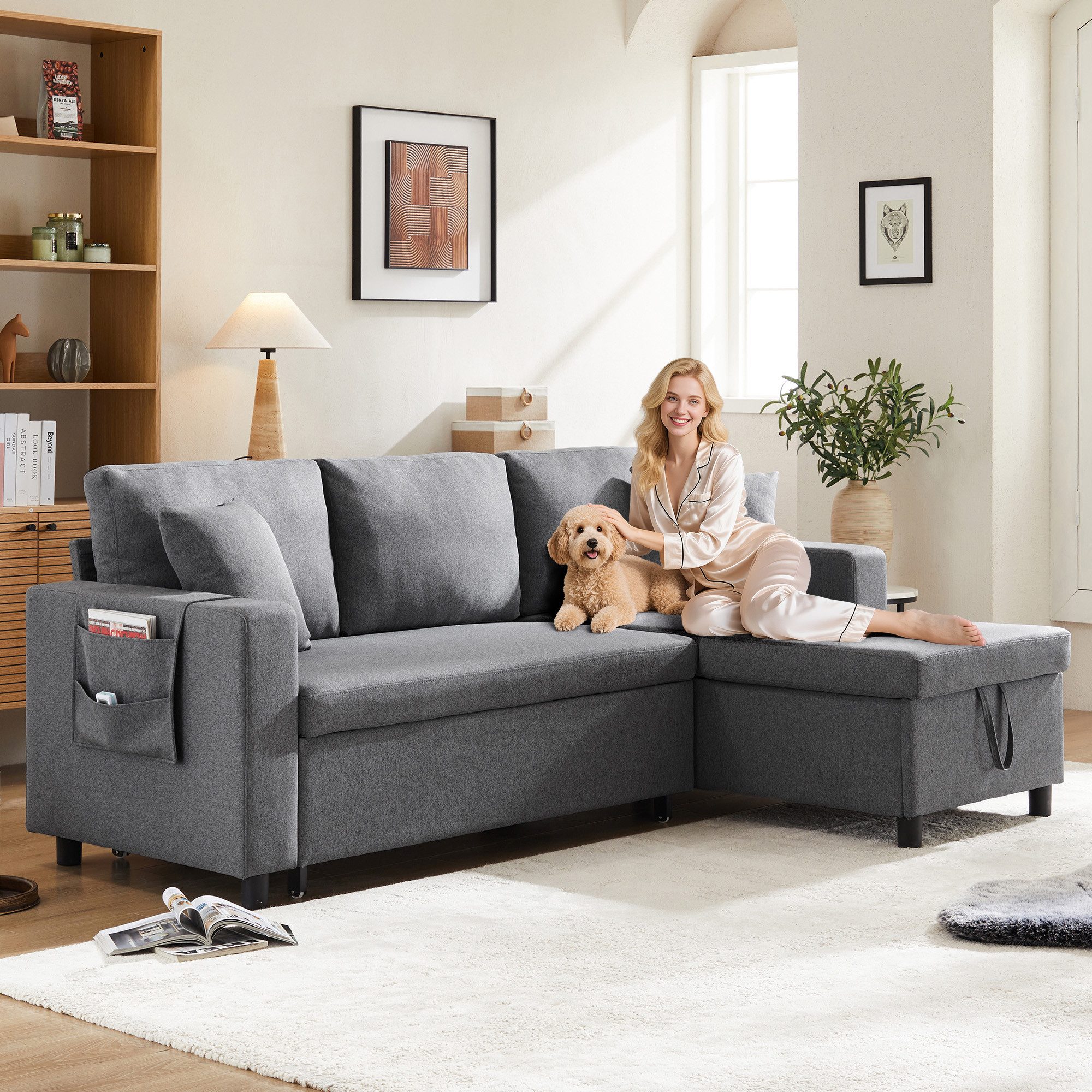 i@home Schlafsofa 3-Sitzer-Sofa, Ecksofa,L-förmiges Sofa, Sofa mit Stauraum, mit Taschenaufbewahrung,Hellgrau/Dunkelgrau/Beige